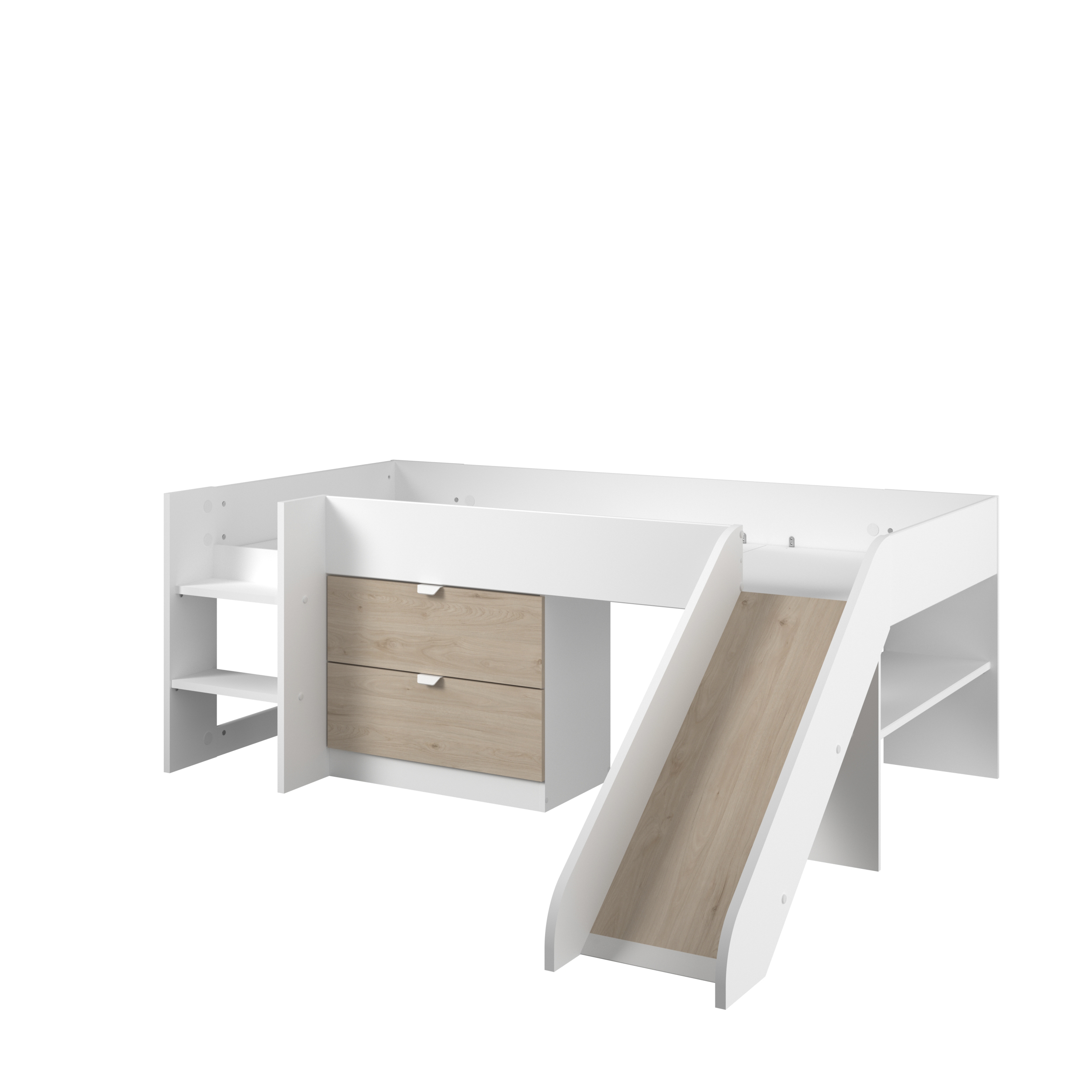 Cama Individual Infantil con Escalera, Resbaladilla y con 2 Cajones. Estructura de Madera Industrial