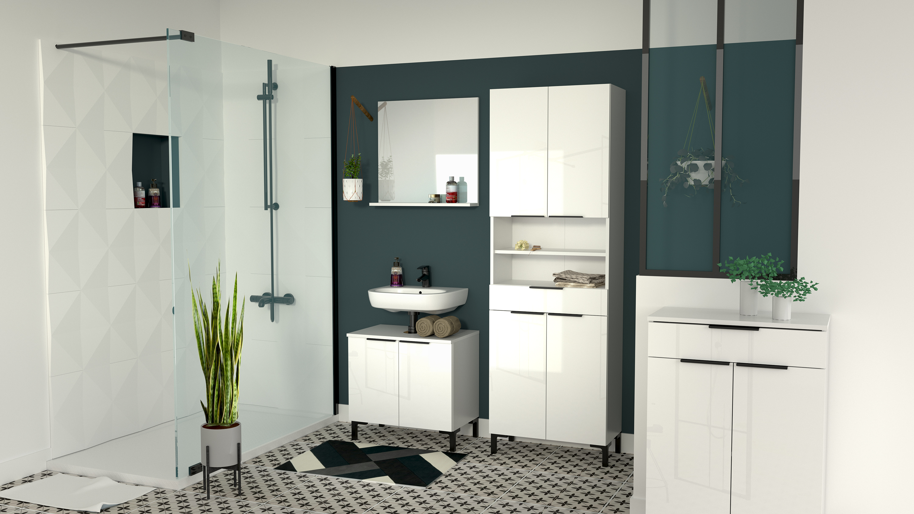 Espejo Blanco con Repisa para Baño y Soporte de Madera Industrial
