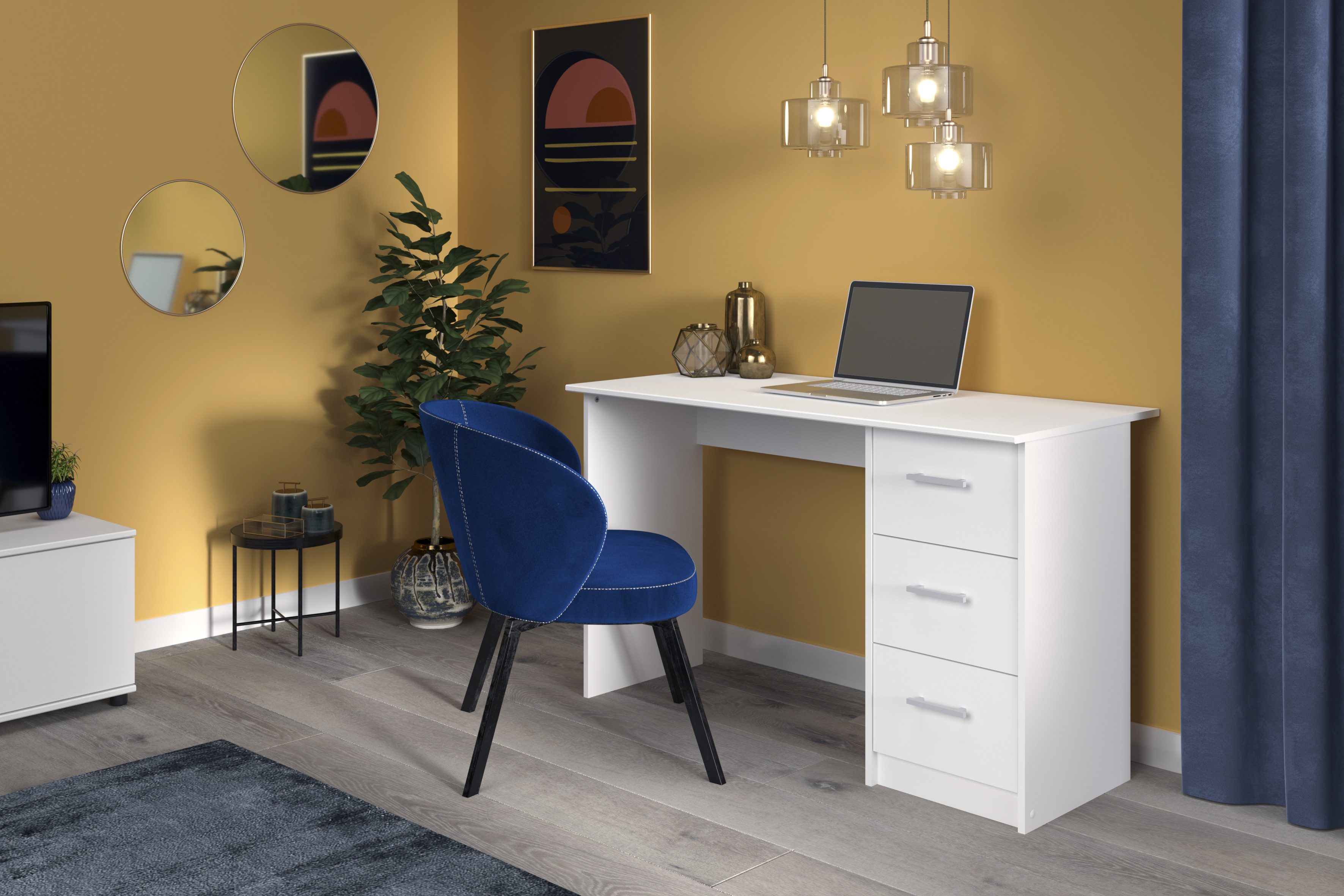 Escritorio Rectangular Blanco para Oficina o Home Office con 3 Cajones y Estructura de Madera Industrial