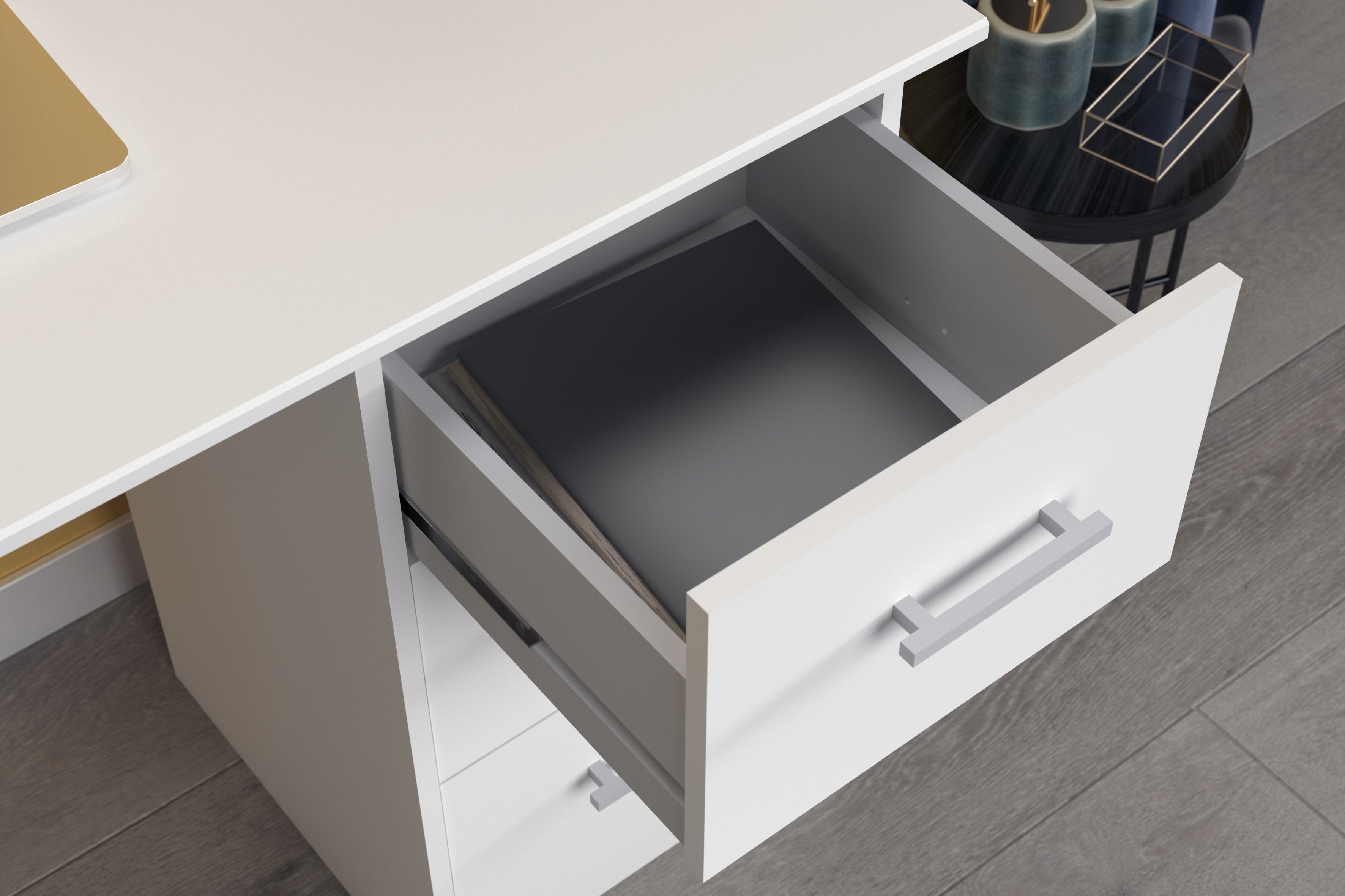 Escritorio Rectangular Blanco para Oficina o Home Office con 3 Cajones y Estructura de Madera Industrial