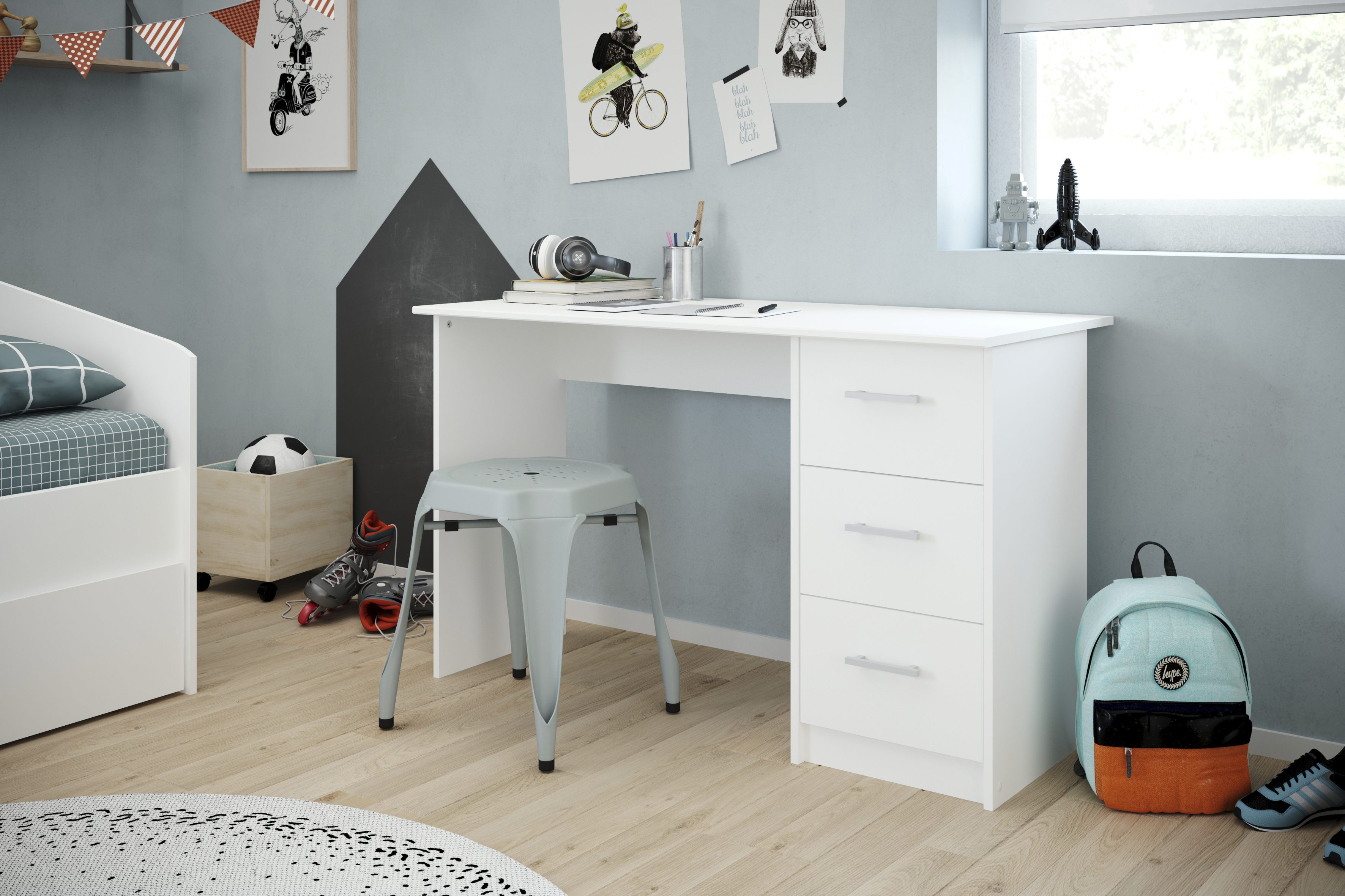 Escritorio Rectangular Blanco para Oficina o Home Office con 3 Cajones y Estructura de Madera Industrial