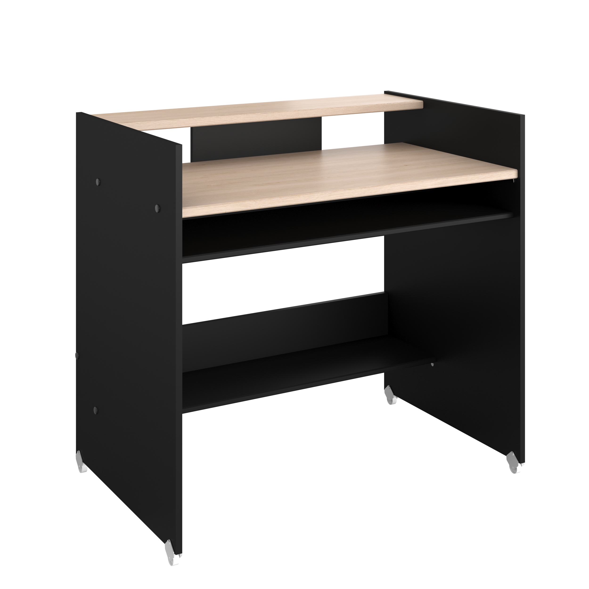 Escritorio Rectangular Color Negro y Madera con 2 Entrepaños y 2 Repisas Estructura de Madera Procesada
