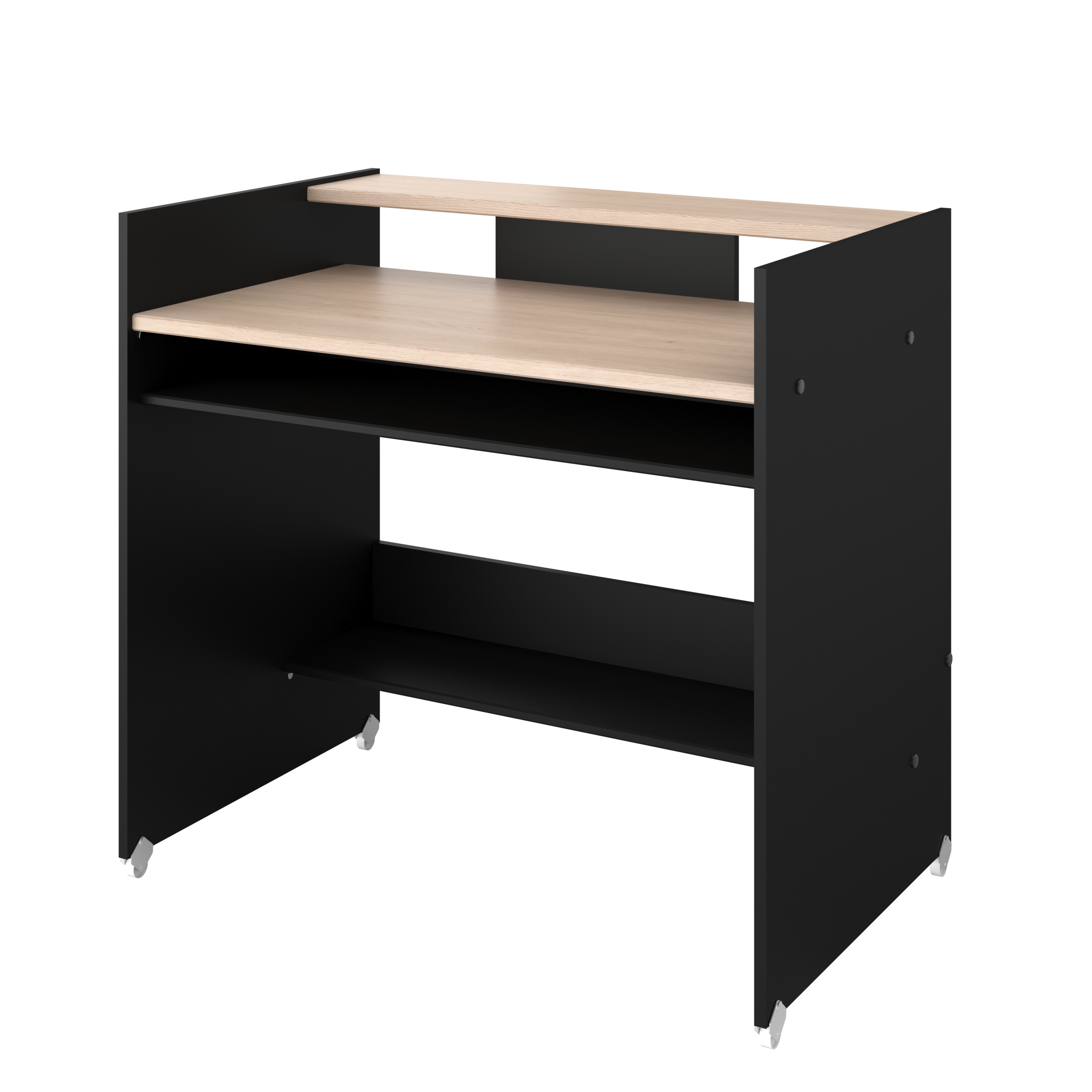 Escritorio Rectangular Color Negro y Madera con 2 Entrepaños y 2 Repisas Estructura de Madera Procesada