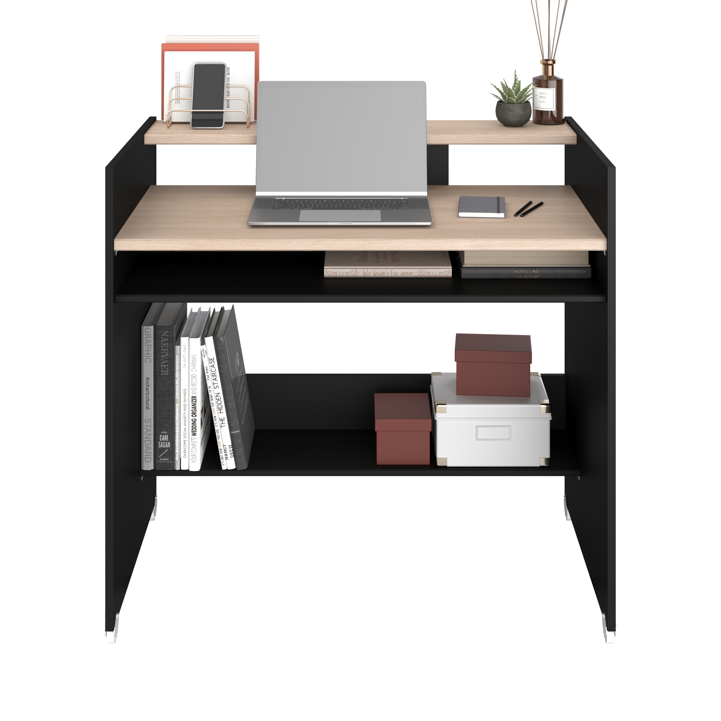 Escritorio Rectangular Color Negro y Madera con 2 Entrepaños y 2 Repisas Estructura de Madera Procesada