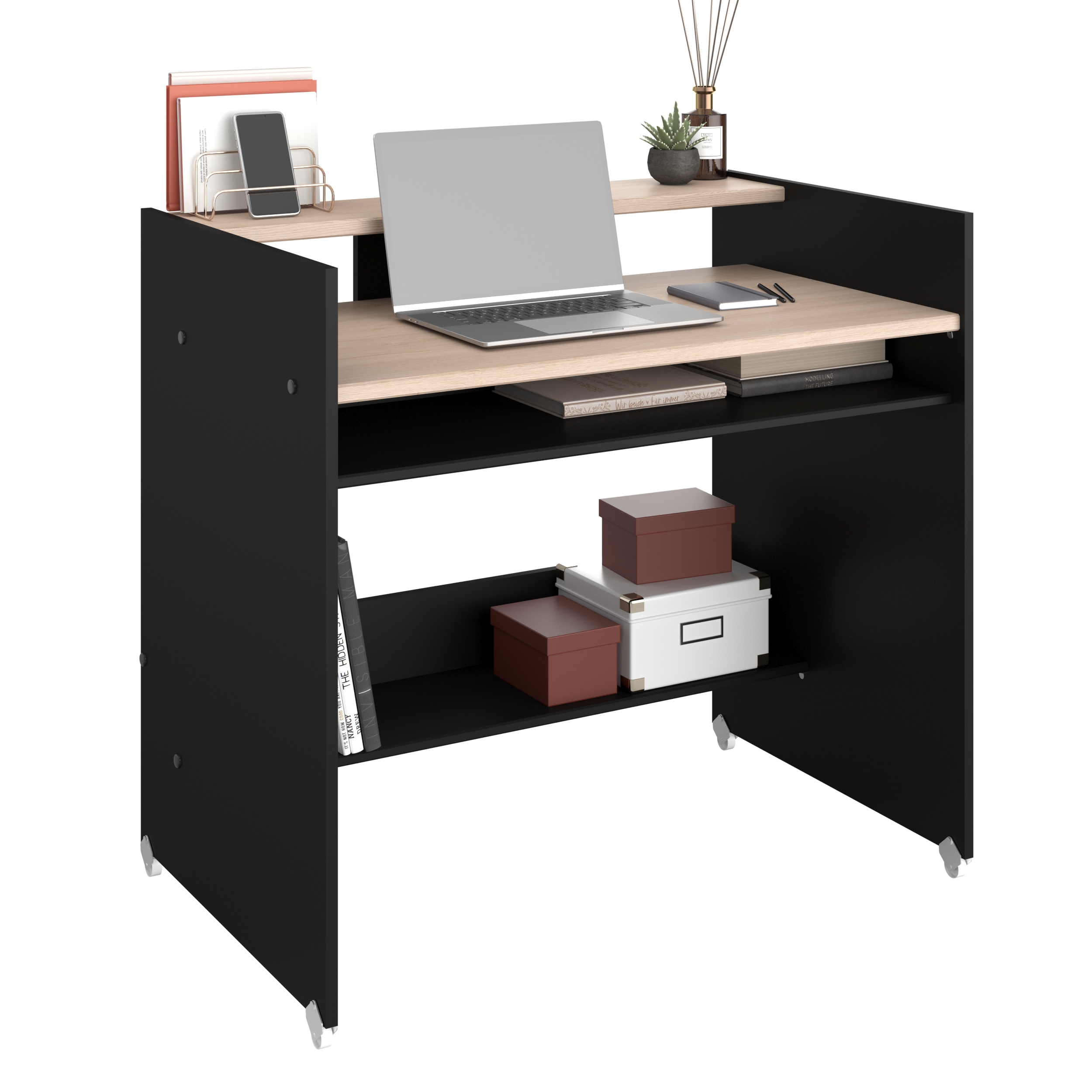 Escritorio Rectangular Color Negro y Madera con 2 Entrepaños y 2 Repisas Estructura de Madera Procesada