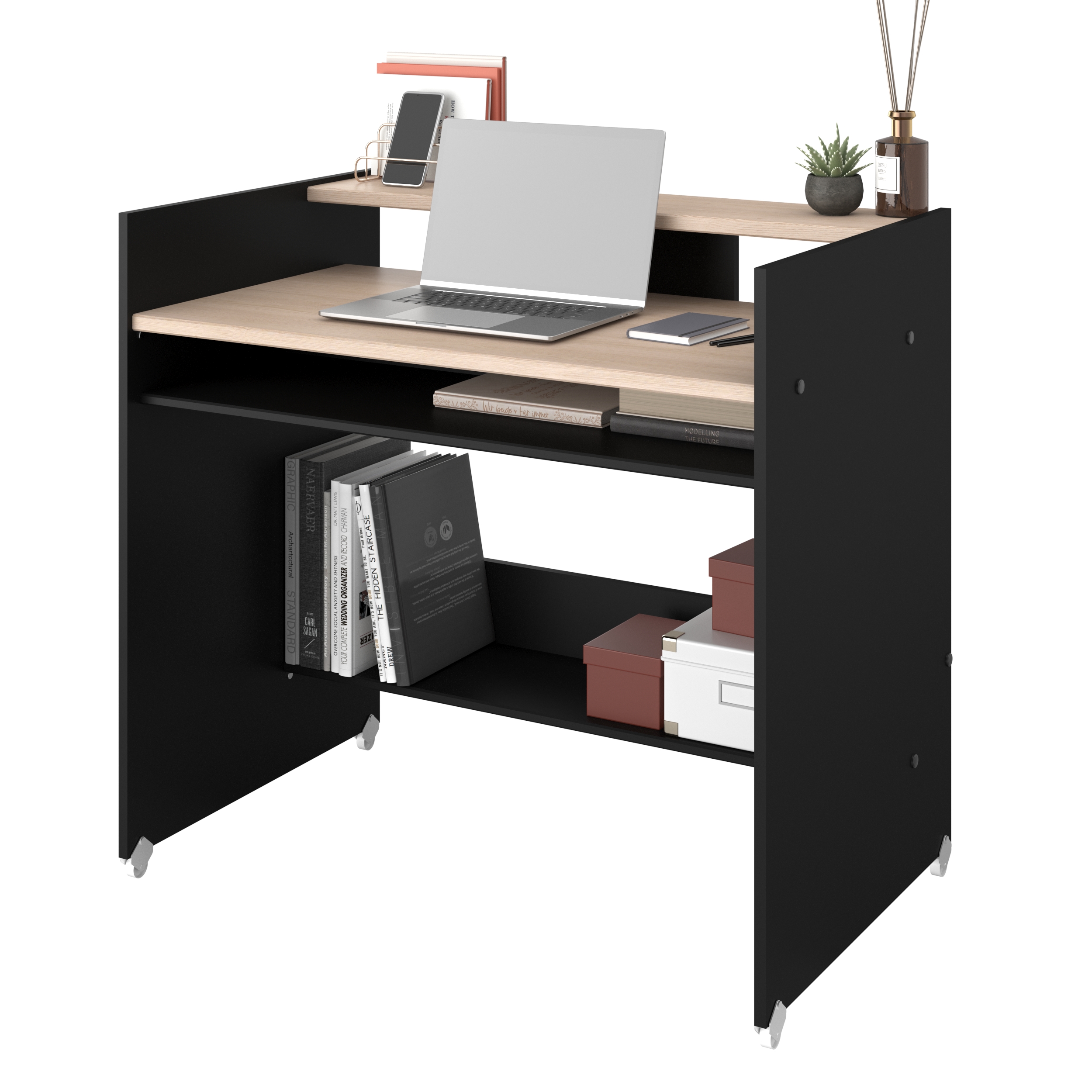 Escritorio Rectangular Color Negro y Madera con 2 Entrepaños y 2 Repisas Estructura de Madera Procesada