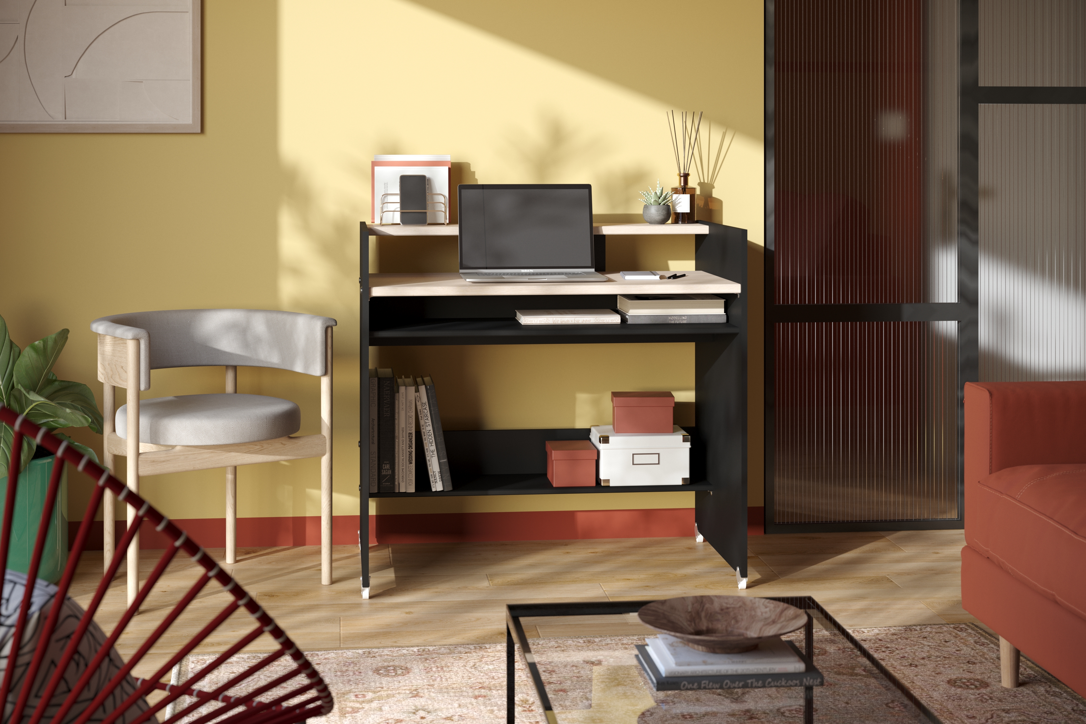 Escritorio Rectangular Color Negro y Madera con 2 Entrepaños y 2 Repisas Estructura de Madera Procesada