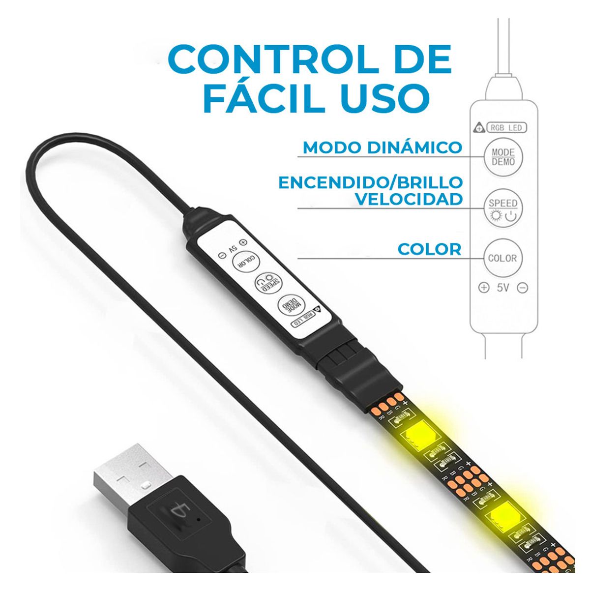 Tira LED RGB Conexion y Control USB 7 Metros
