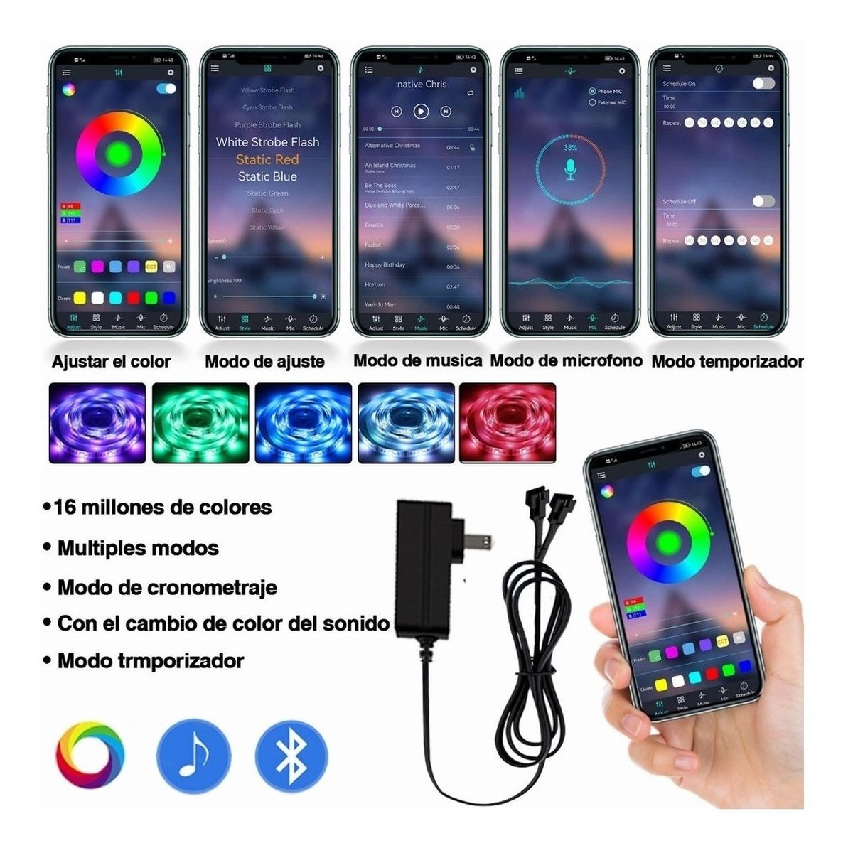 Tira de 10 Metros De Luces Led RGB Bluetooth APP y Control Remoto