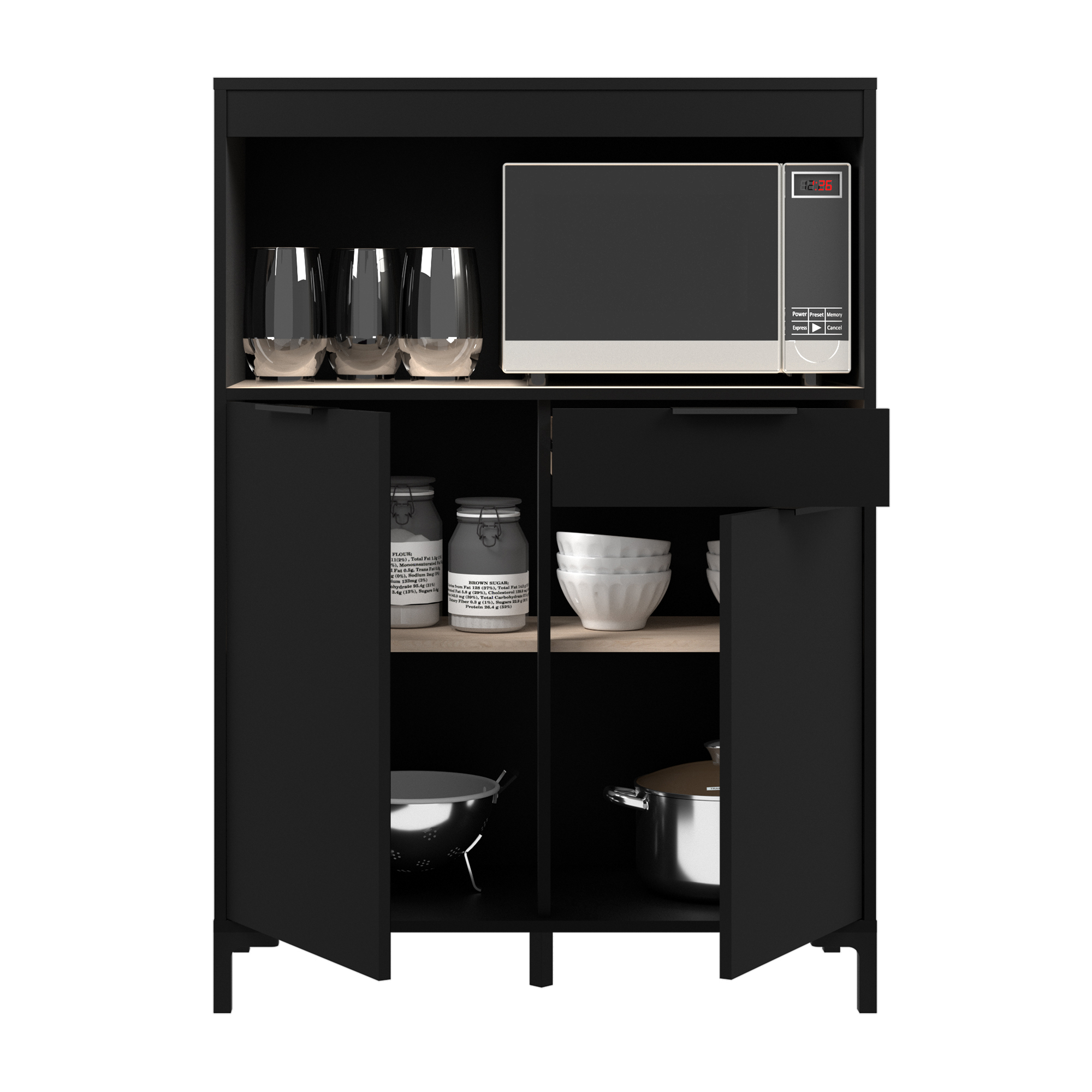 Alacena para Cocina Color Negro y Madera con 2 Puertas, 2 Entrepaños y 1 Repisa. Estructura de Madera Industrial