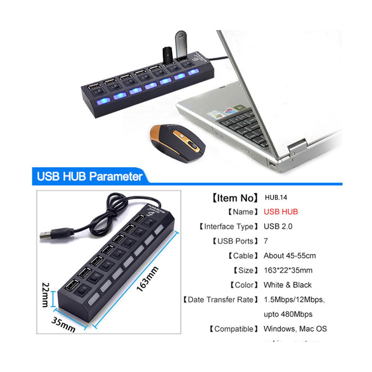 Hub 7 Puertos USB 2.0 Para PC o Laptop