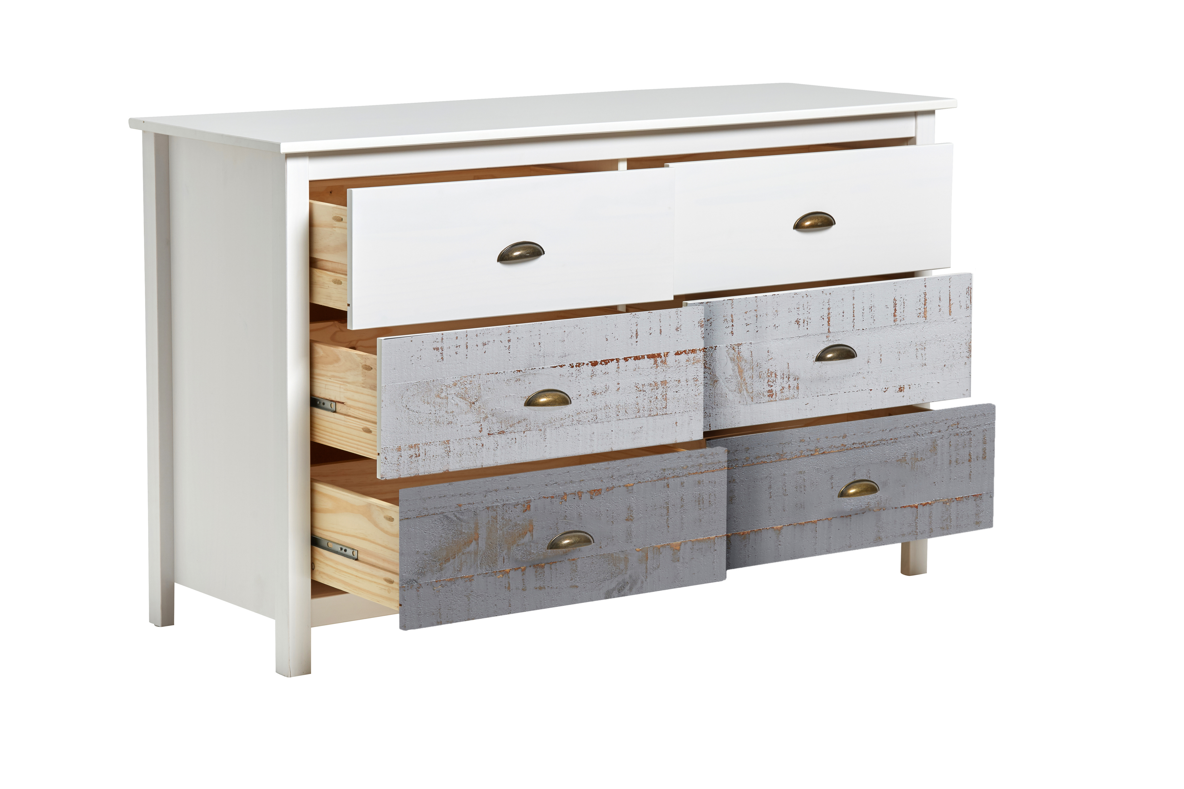 Comoda Blanca y Gris con 6 Cajones con Jaladeras Metálicas Estructura de Madera