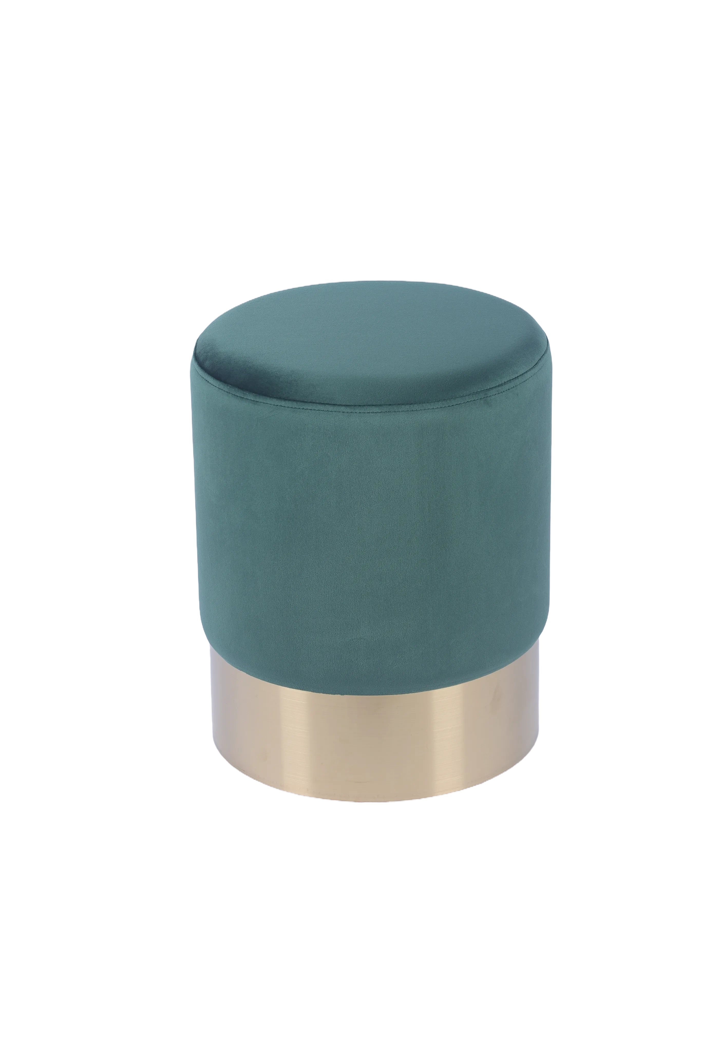 Taburete Cilíndrico Tapizado en Terciopelo Verde con Base de Acero Inoxidable en Acabado Dorado