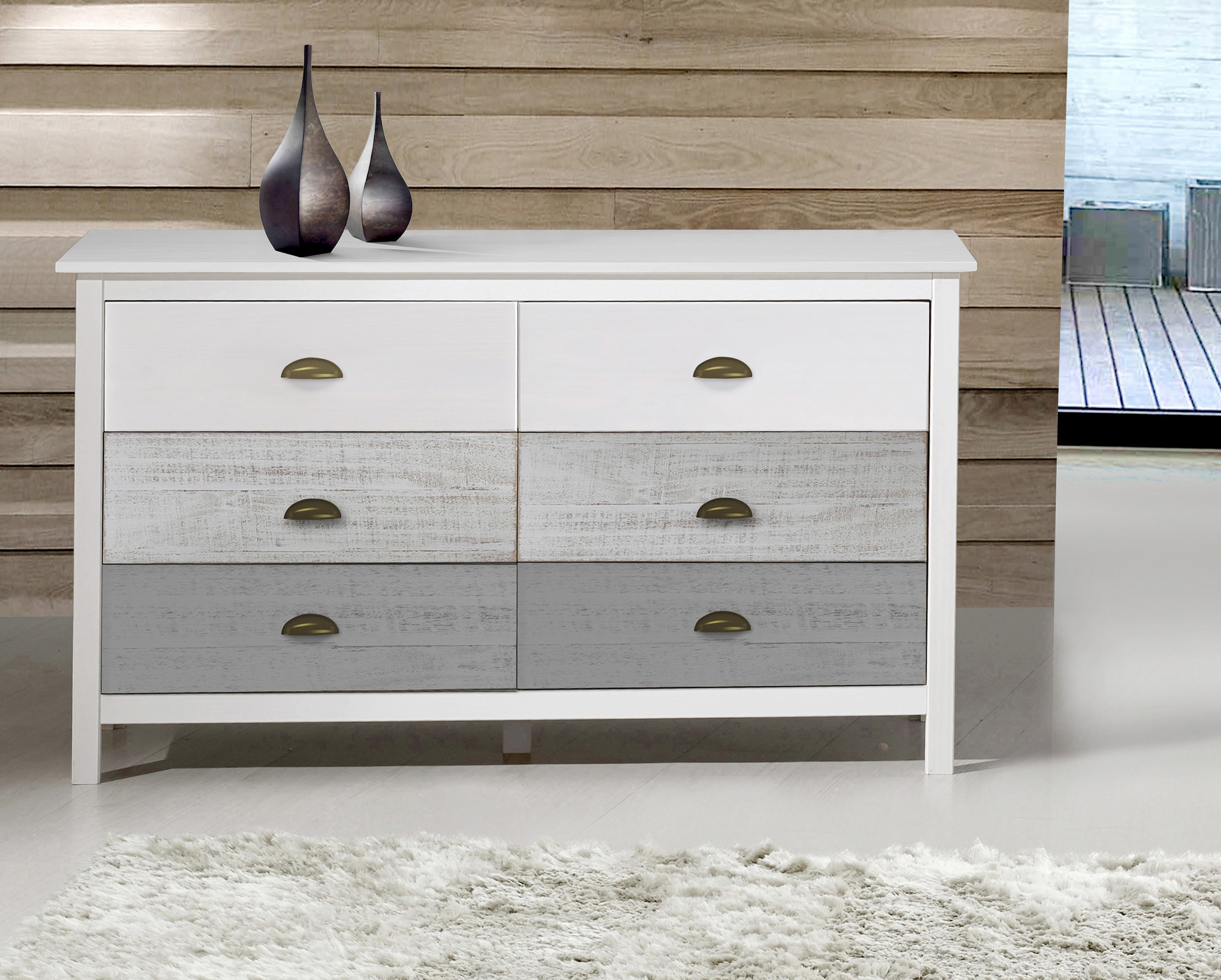 Comoda Blanca y Gris con 6 Cajones con Jaladeras Metálicas Estructura de Madera