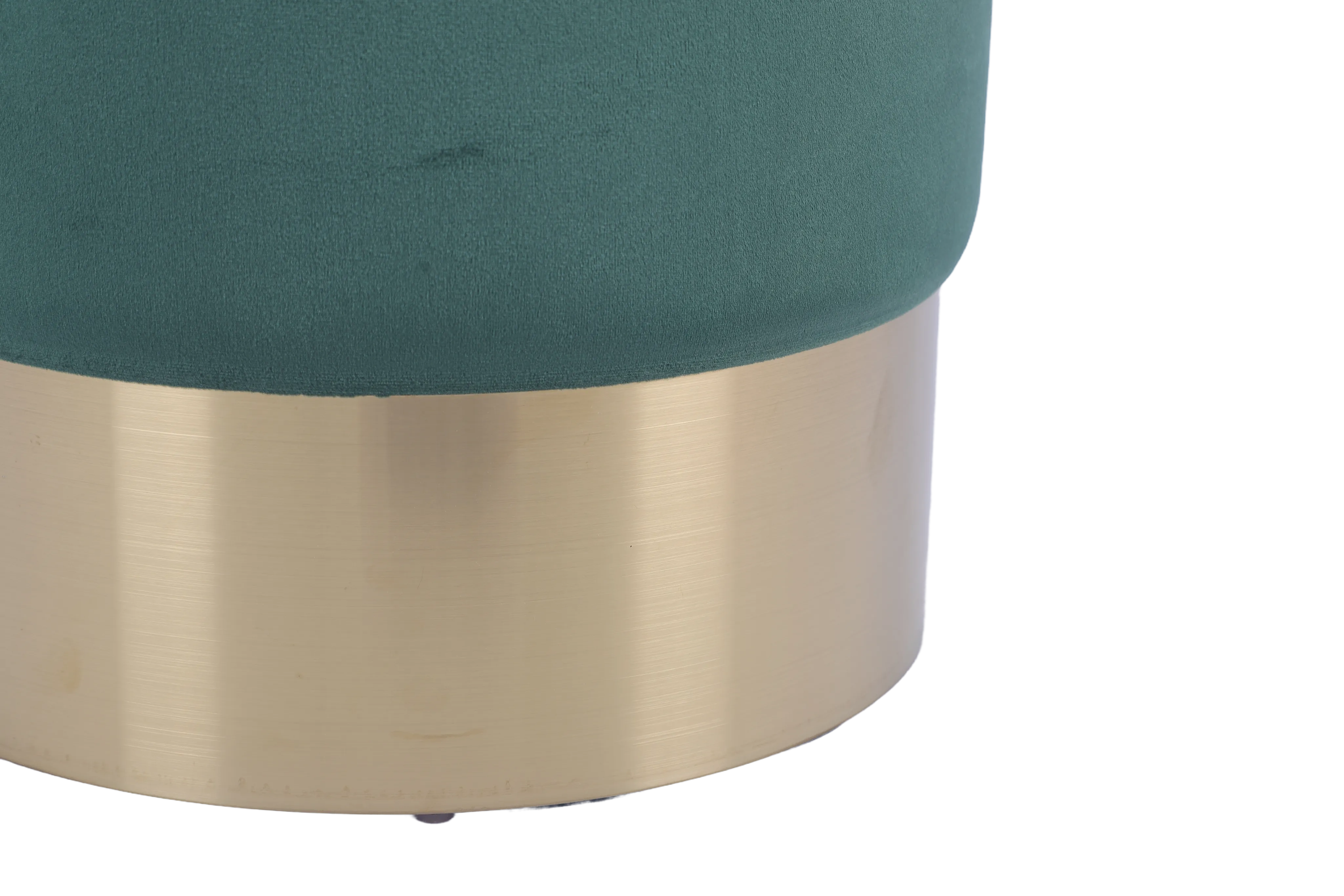 Taburete Cilíndrico Tapizado en Terciopelo Verde con Base de Acero Inoxidable en Acabado Dorado