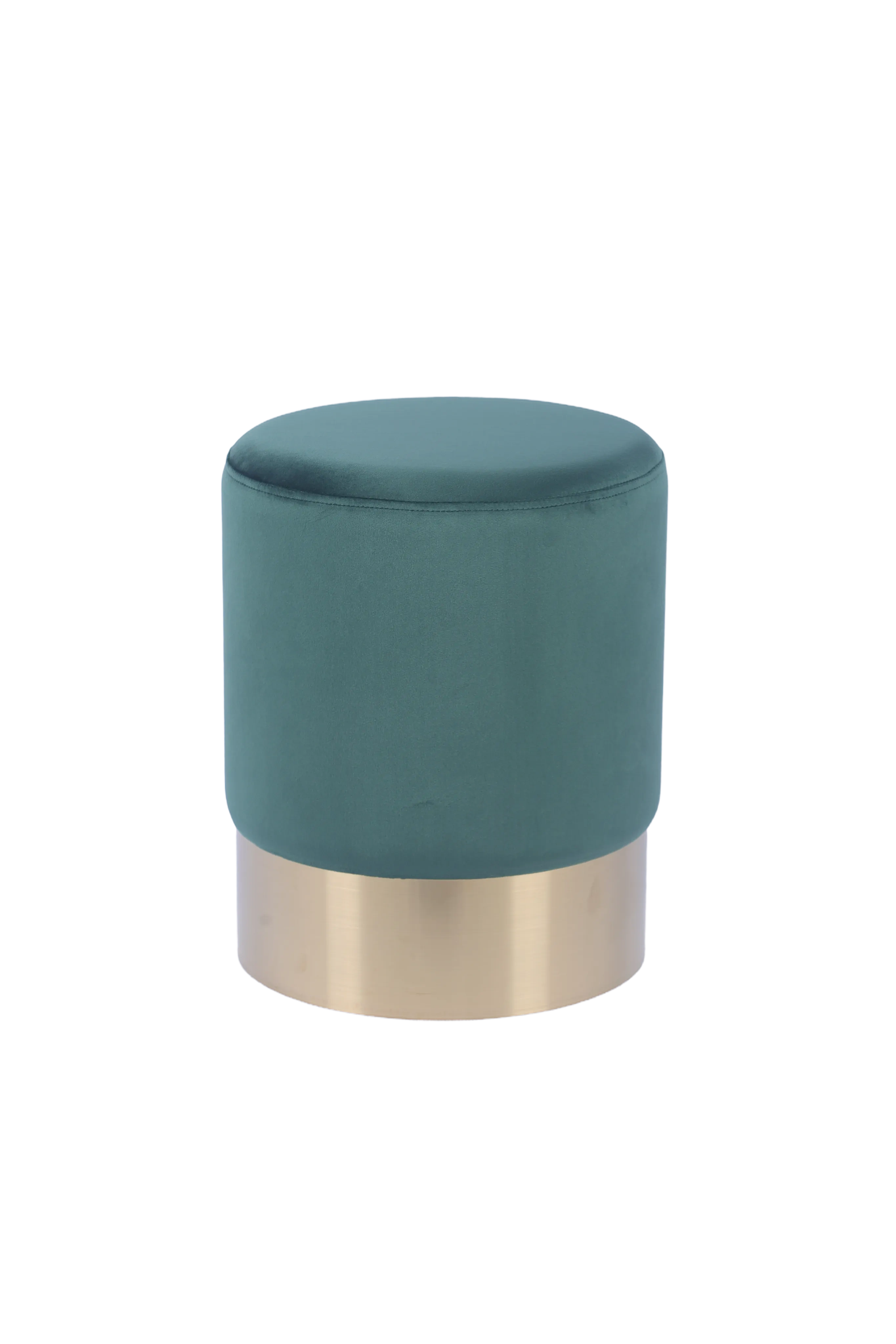 Taburete Cilíndrico Tapizado en Terciopelo Verde con Base de Acero Inoxidable en Acabado Dorado