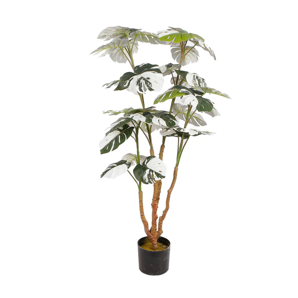 Planta Decorativa Monstera Verde y Blanco con Maceta Negra