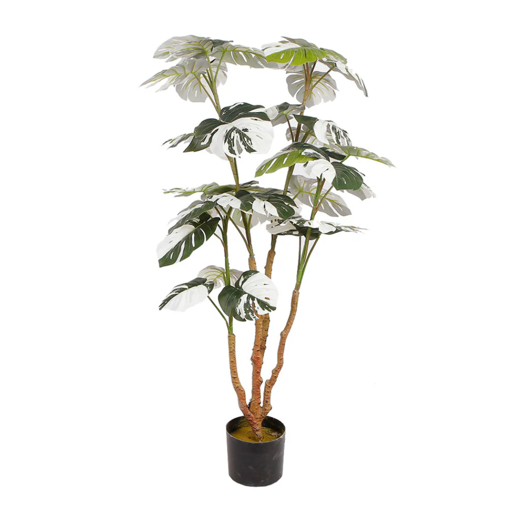 Planta Decorativa Monstera Verde y Blanco con Maceta Negra