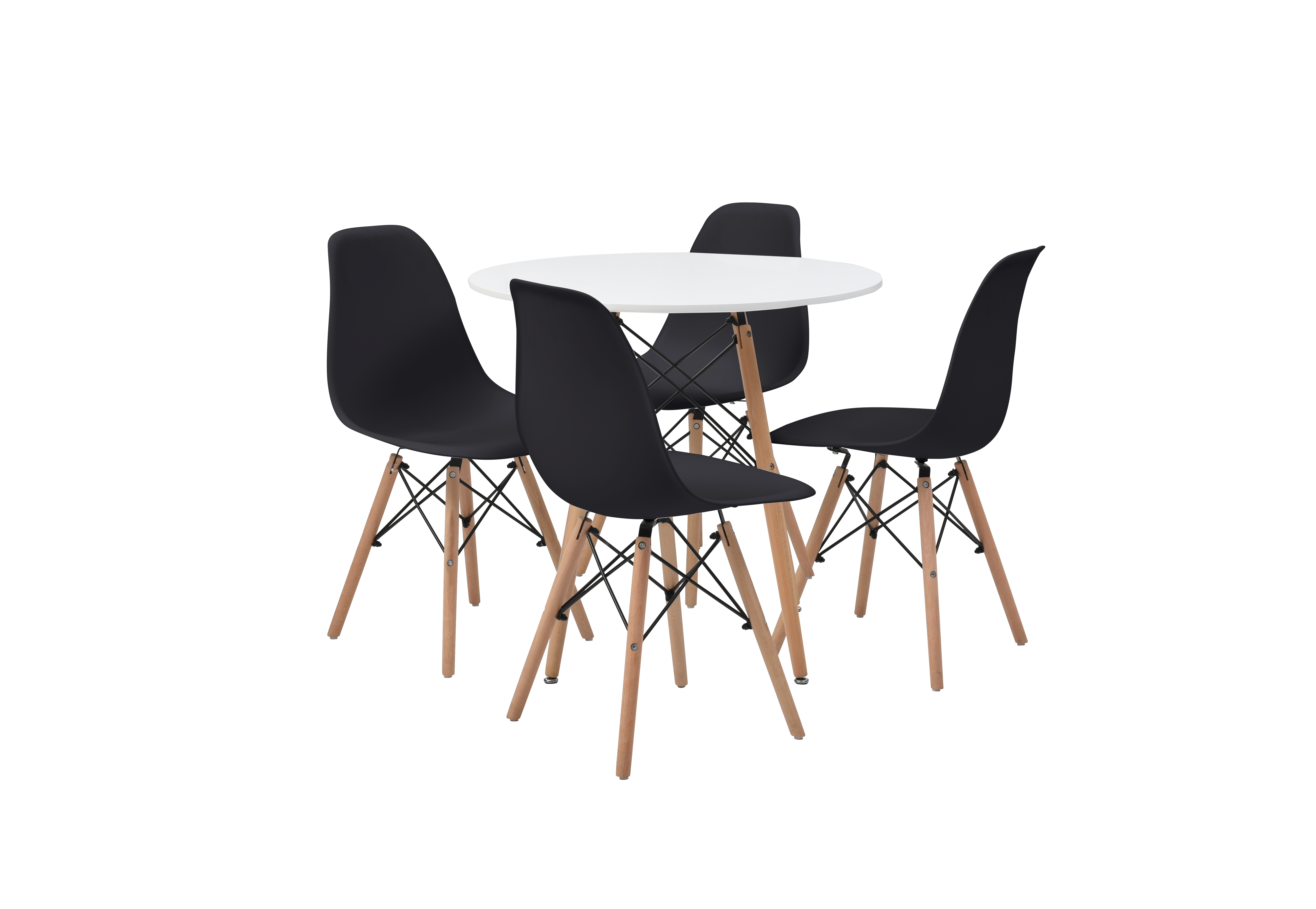 Comedor Completo con Mesa Redonda Color Blanco y 4 Sillas Negras con Patas de Madera y Soporte Metálico