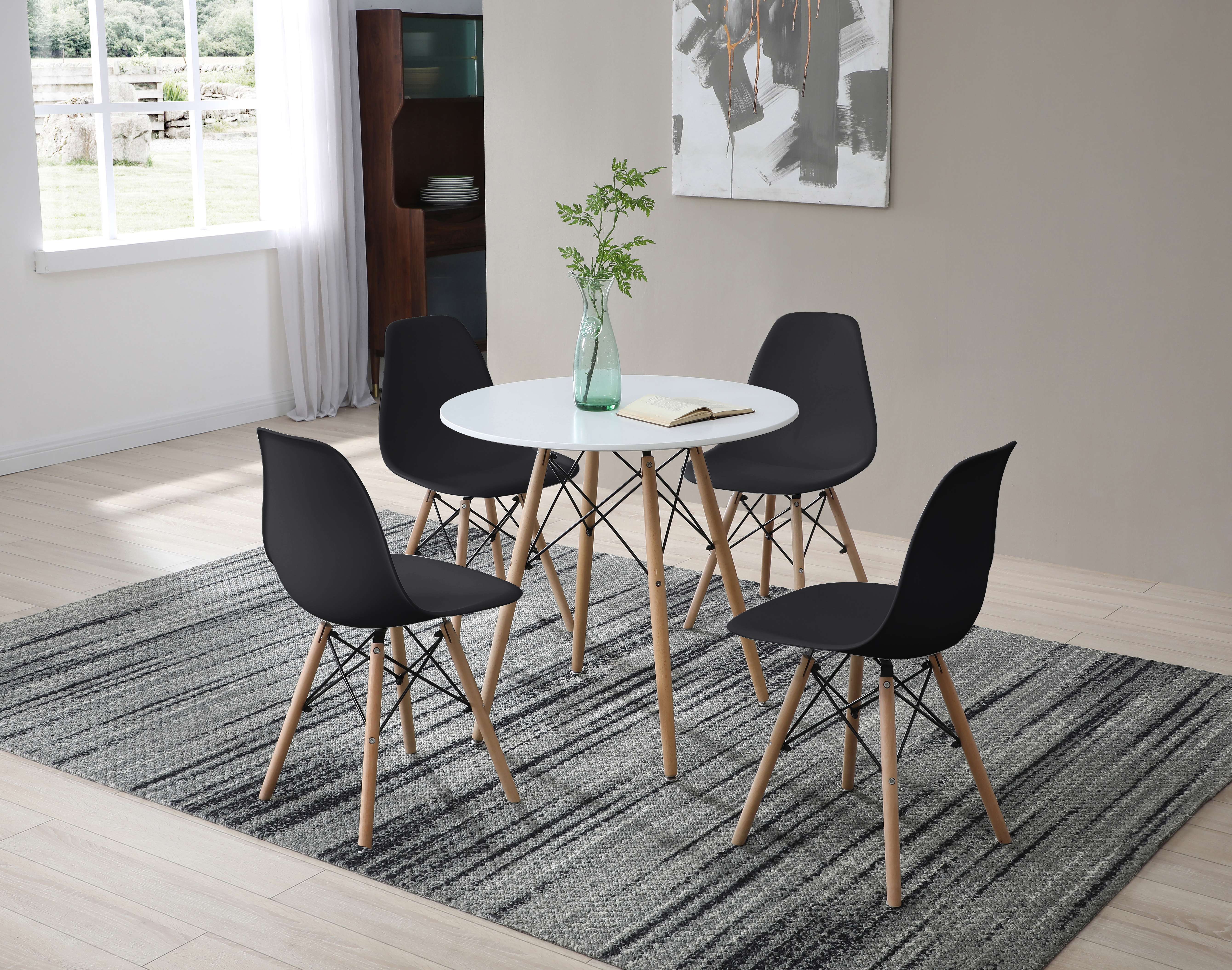 Comedor Completo con Mesa Redonda Color Blanco y 4 Sillas Negras con Patas de Madera y Soporte Metálico