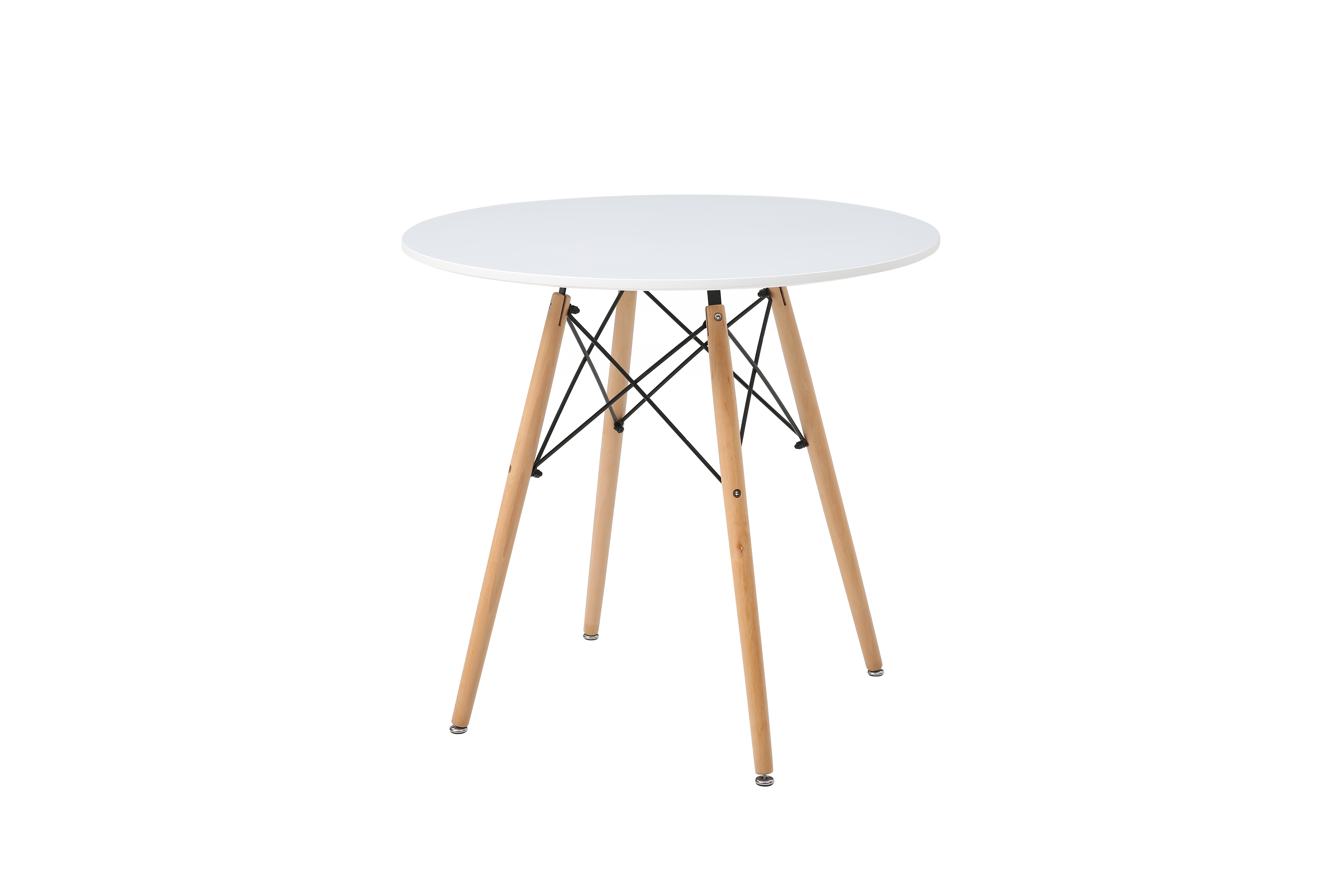 Comedor Completo con Mesa Redonda Color Blanco y 4 Sillas Negras con Patas de Madera y Soporte Metálico