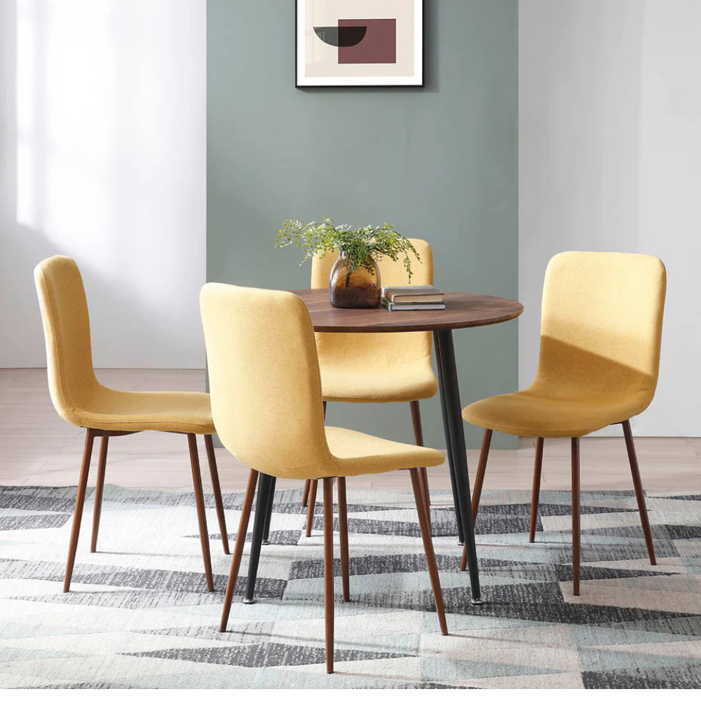 Silla de Comedor Mostaza con Patas de Metal Efecto Madera, Tapizada con Tela Lino y Estructura de Metal