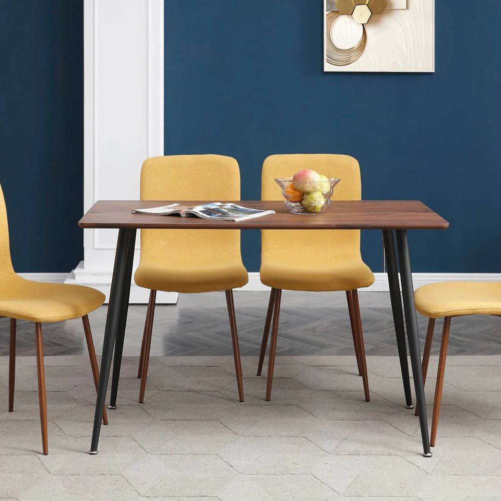 Silla de Comedor Mostaza con Patas de Metal Efecto Madera, Tapizada con Tela Lino y Estructura de Metal