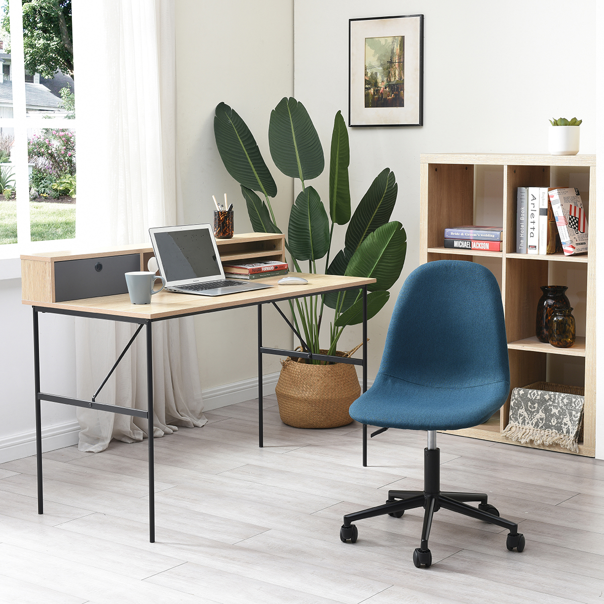 Silla de Oficina Giratoria Azul con Altura Ajustable y Asiento Acolchado en Tela de Lino