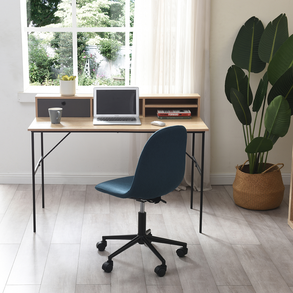 Silla de Oficina Giratoria Azul con Altura Ajustable y Asiento Acolchado en Tela de Lino