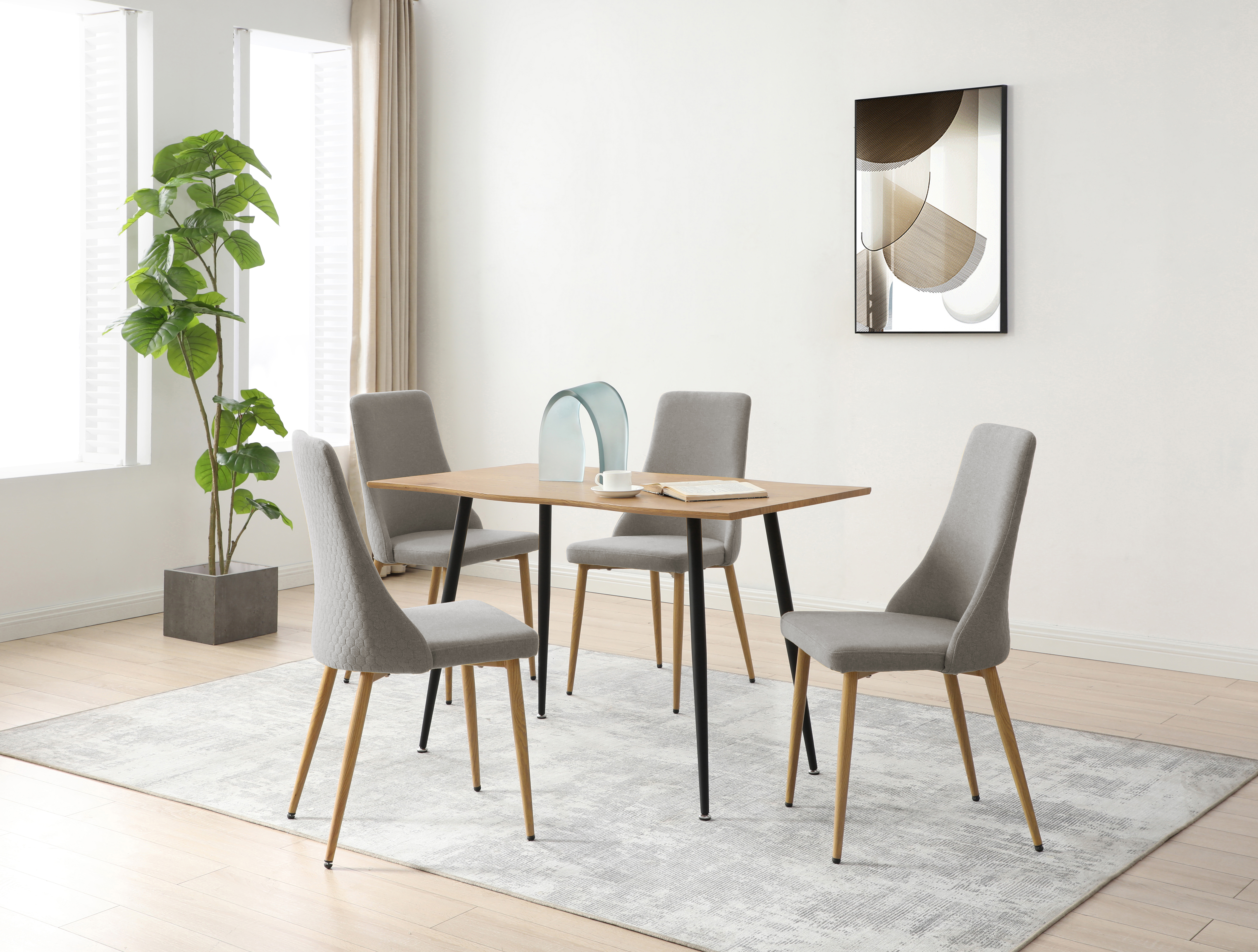 Silla de Comedor con Asiento Acolchado Tapizado en Tela Gris Claro con Patas de Metal Efecto Madera 