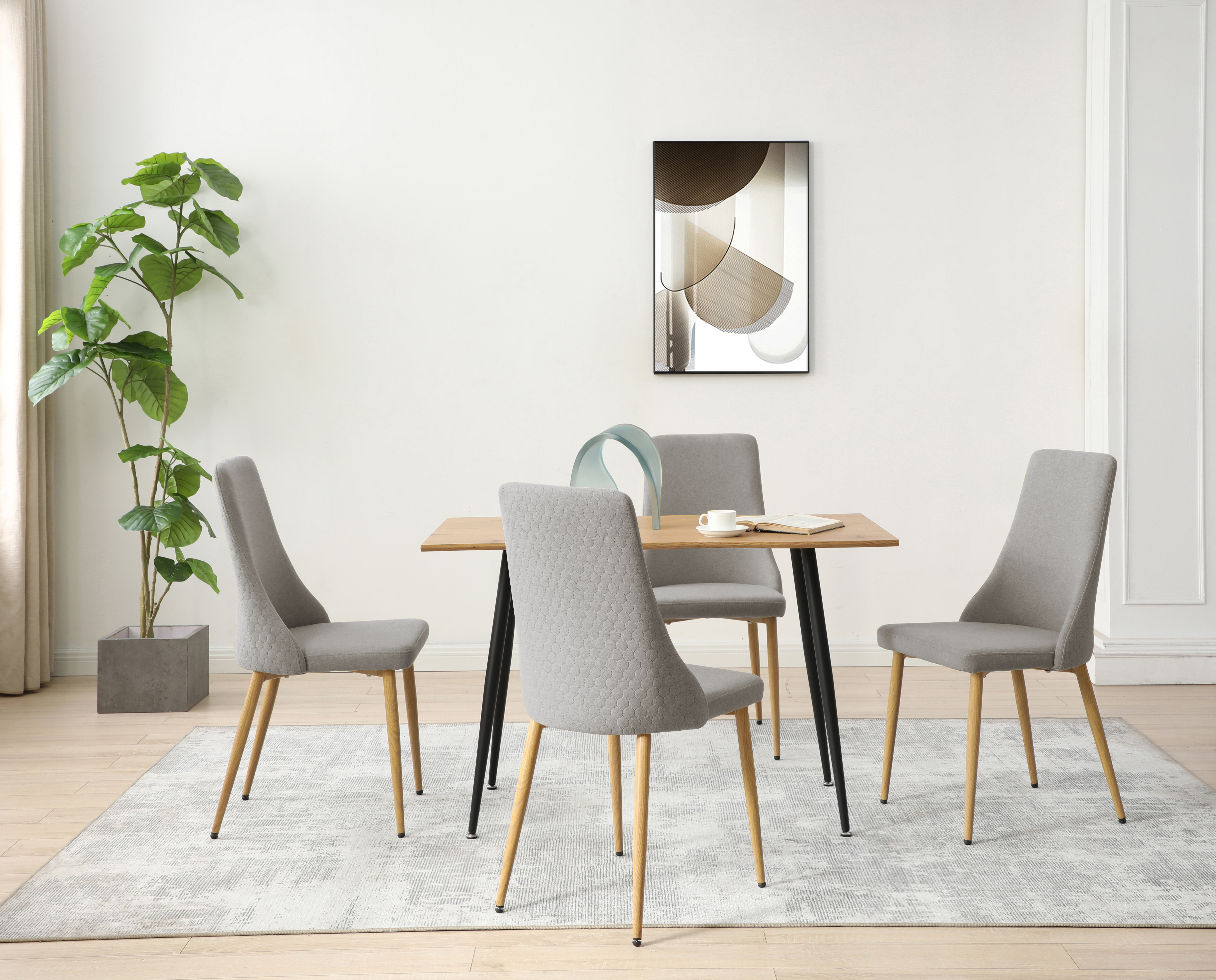 Silla de Comedor con Asiento Acolchado Tapizado en Tela Gris Claro con Patas de Metal Efecto Madera 