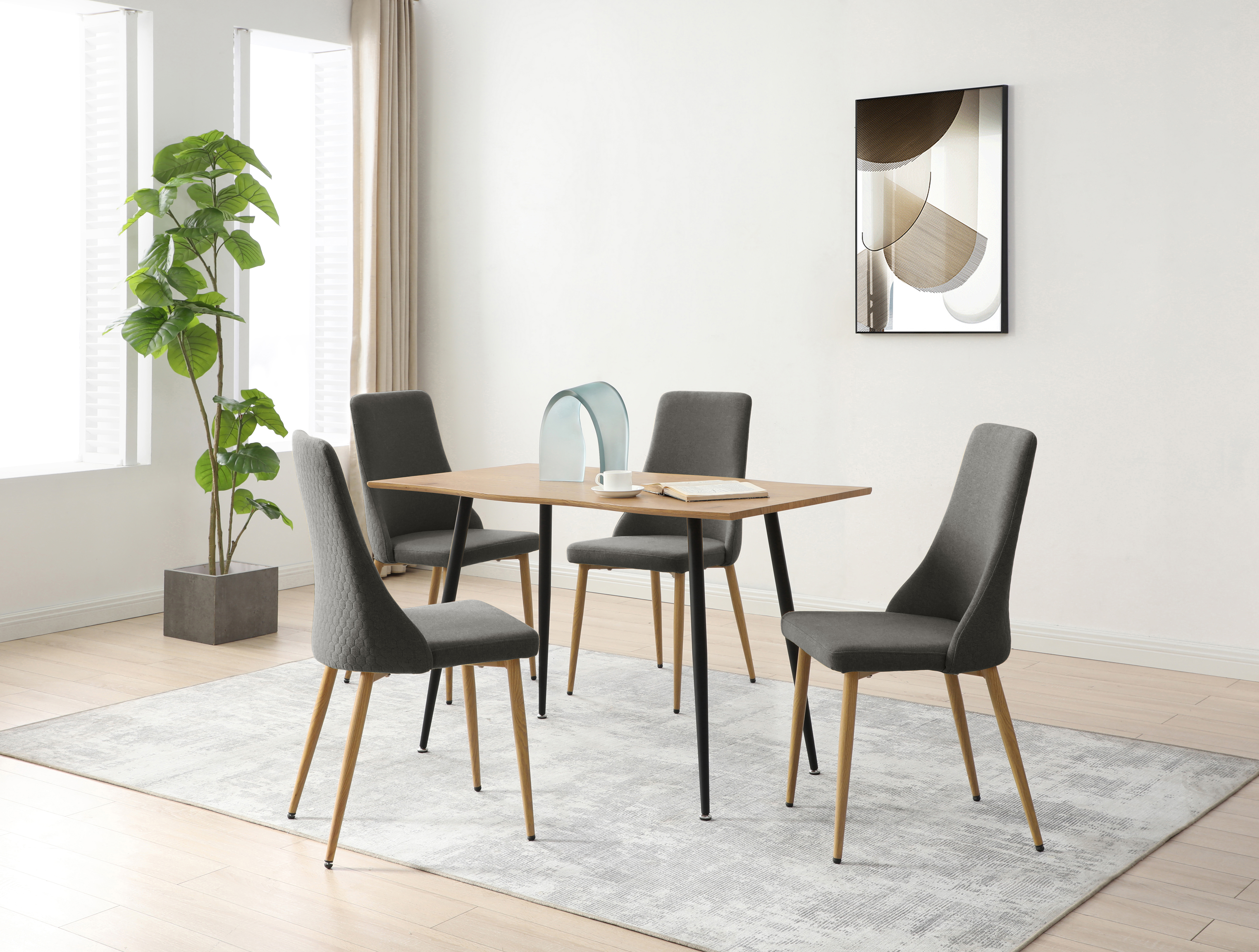 Silla de Comedor con Asiento Acolchado Tapizado en Tela Gris Obscuro con Patas de Metal Efecto Madera 