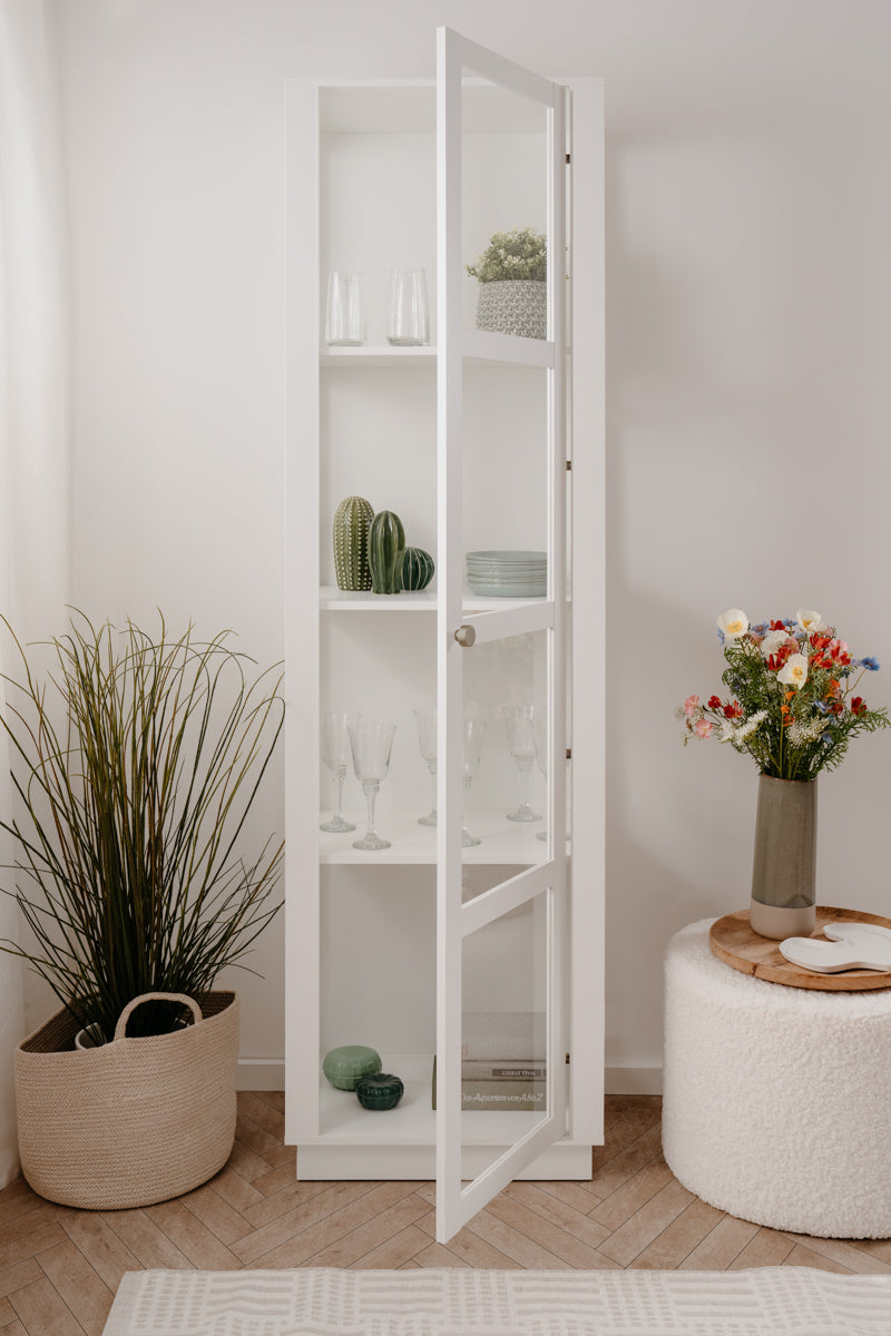 Vitrina Blanca y Transparente con 3 Lados de Cristal, 3 Entrepaños y Estructura de Madera Industrial