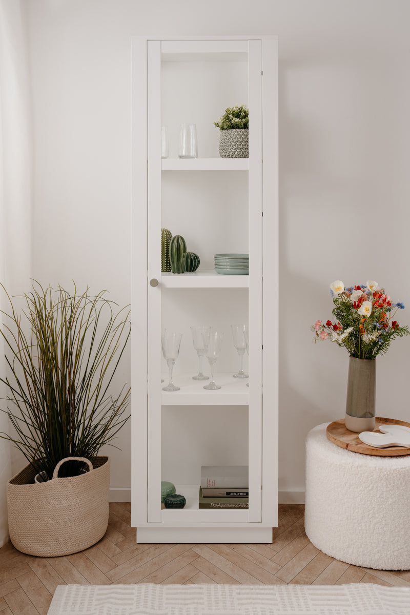 Vitrina Blanca y Transparente con 3 Lados de Cristal, 3 Entrepaños y Estructura de Madera Industrial