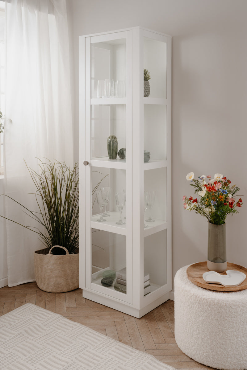 Vitrina Blanca y Transparente con 3 Lados de Cristal, 3 Entrepaños y Estructura de Madera Industrial