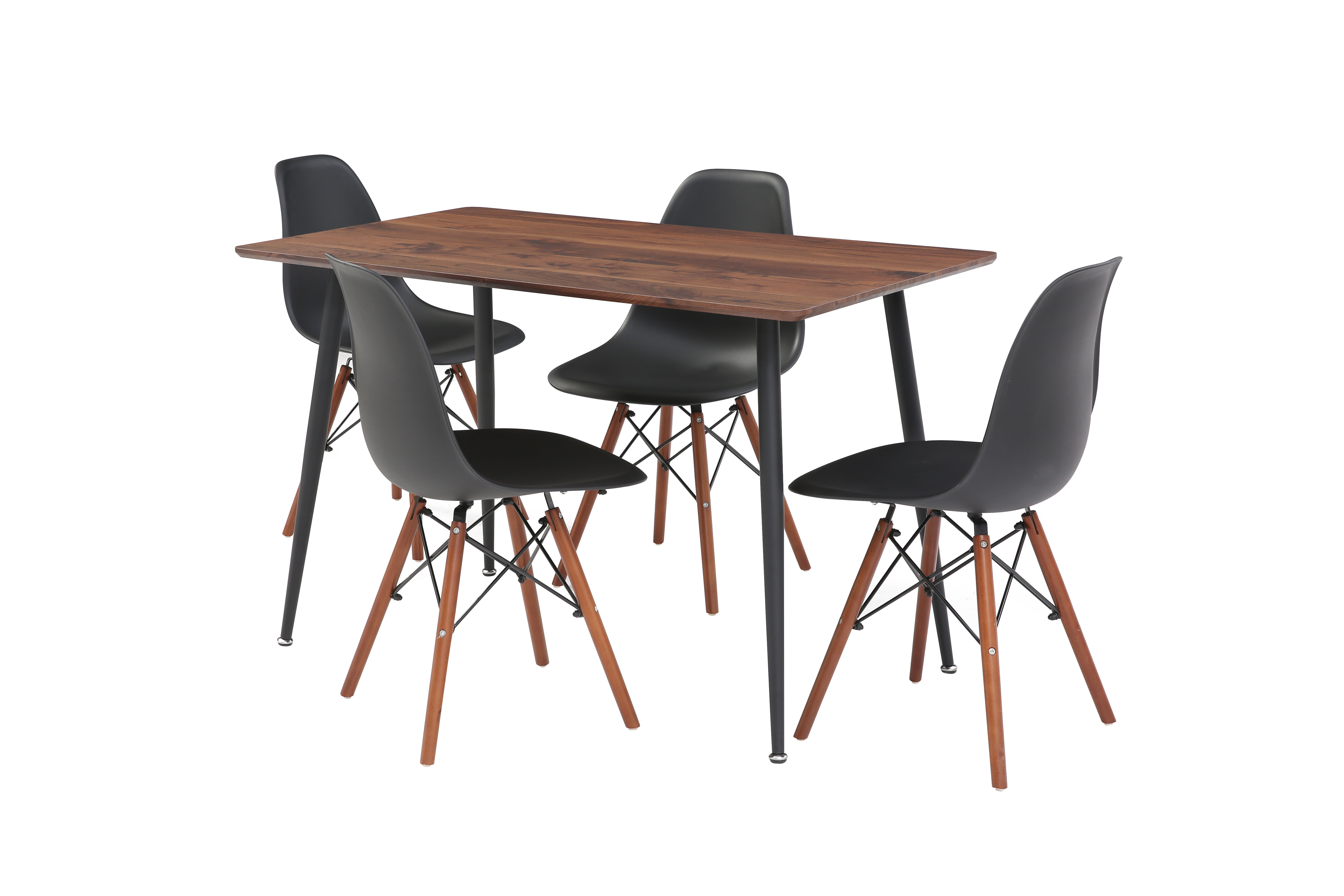 Comedor Completo con Mesa Rectangular Color Negro y Nogal y 4 Sillas Negras con Patas de Madera y Soporte Metálico