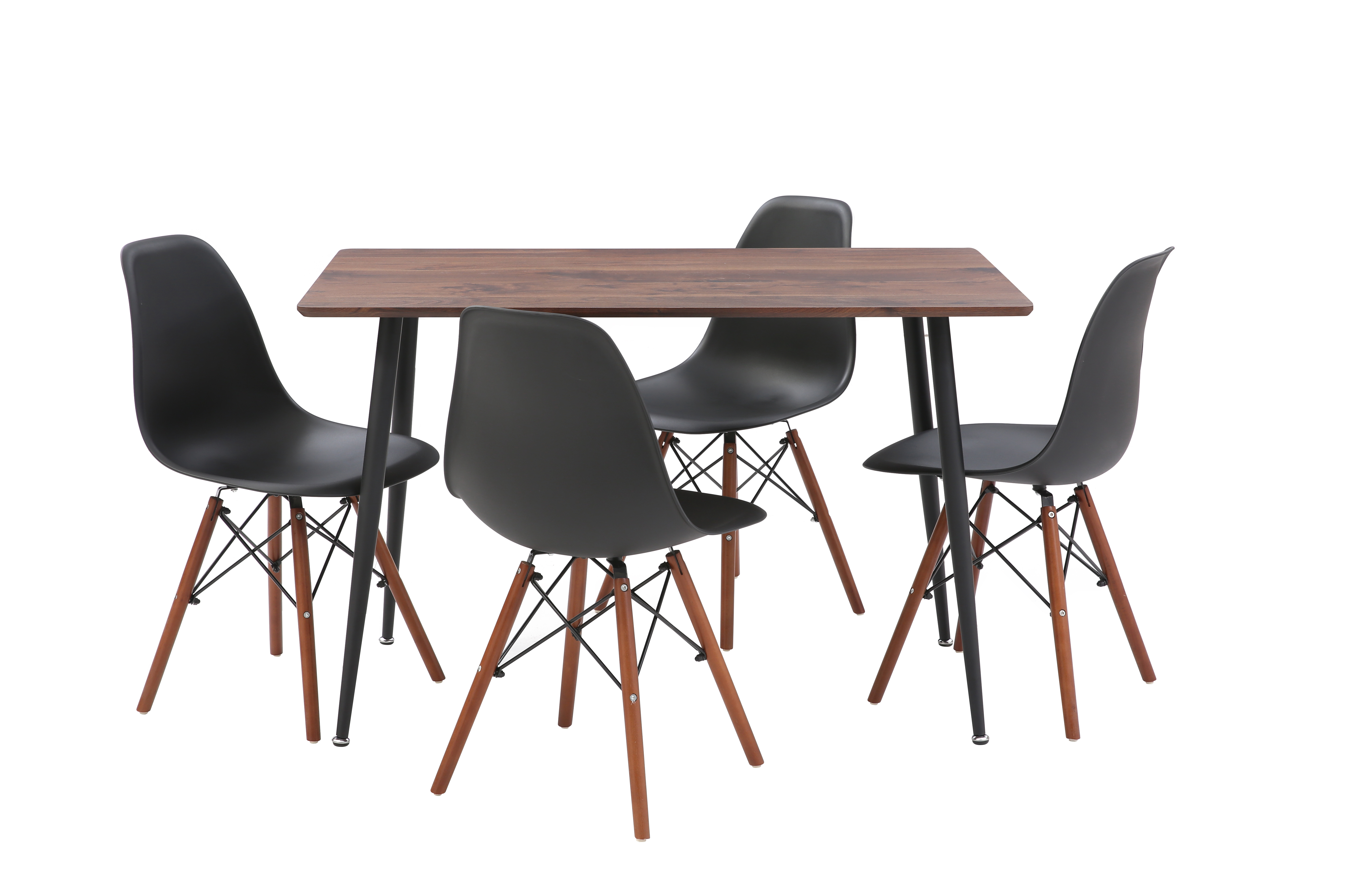 Comedor Completo con Mesa Rectangular Color Negro y Nogal y 4 Sillas Negras con Patas de Madera y Soporte Metálico
