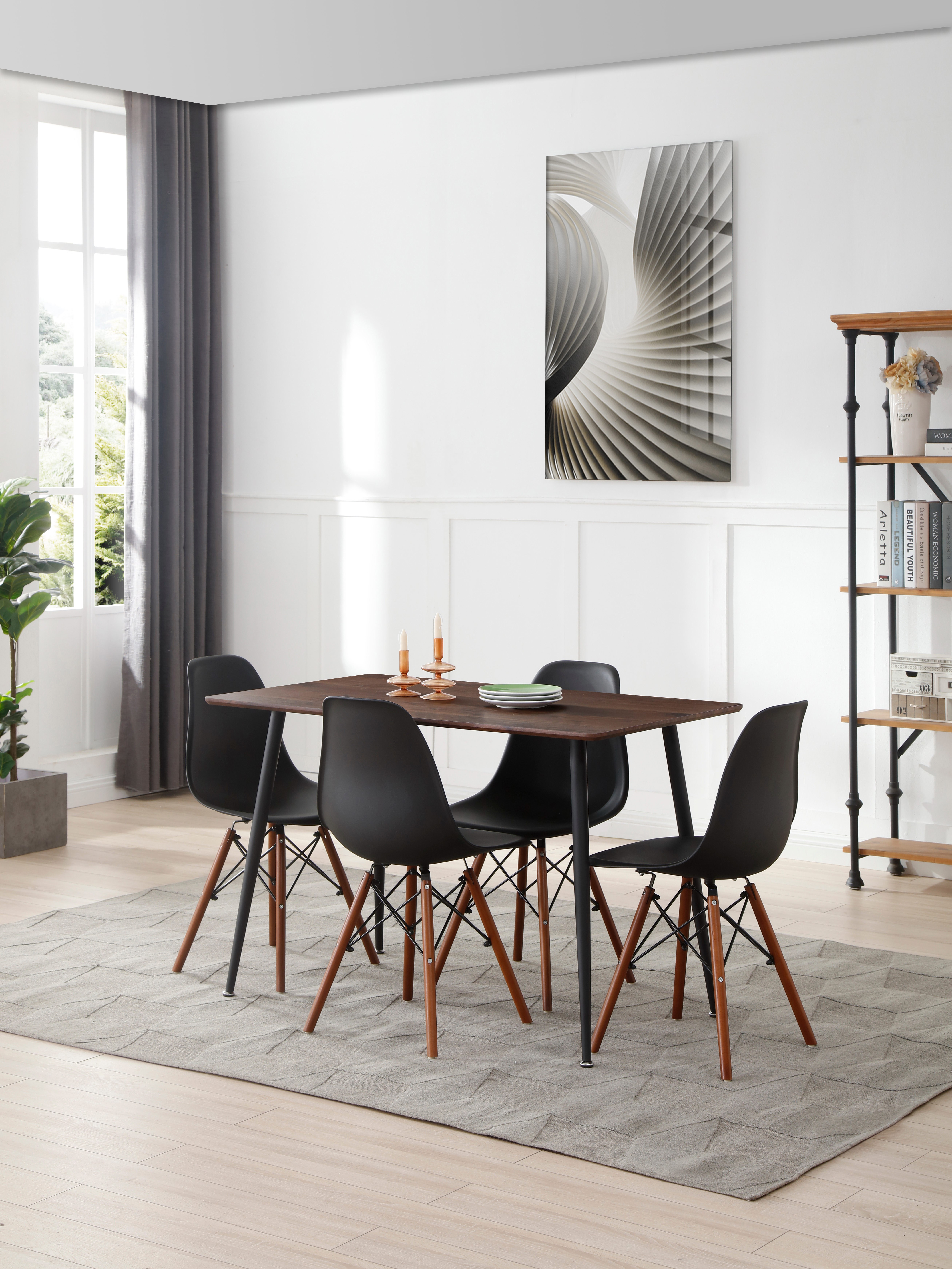 Comedor Completo con Mesa Rectangular Color Negro y Nogal y 4 Sillas Negras con Patas de Madera y Soporte Metálico