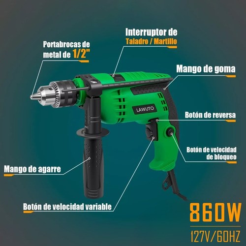 Taladro Rotomartillo 1/2'' 860w Herramientas Kit Con Brocas