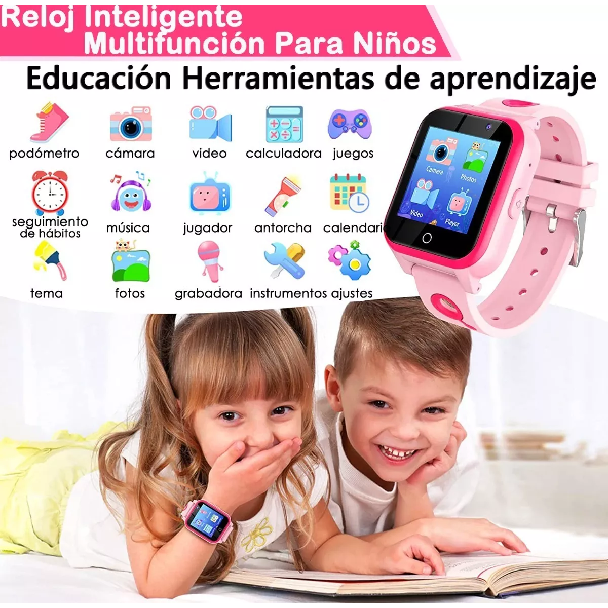 Reloj Inteligente Para Niños Con Música Y Cámara Y 18 Juegos Rosa