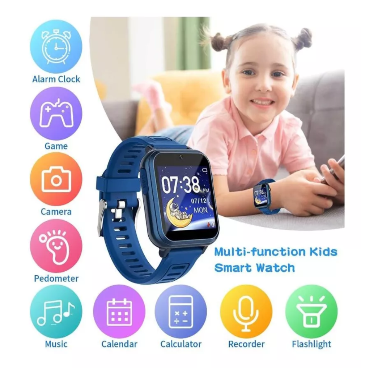 Reloj Inteligente Para Niños, 24 Juegos, Podómetro, Cámara, Azul