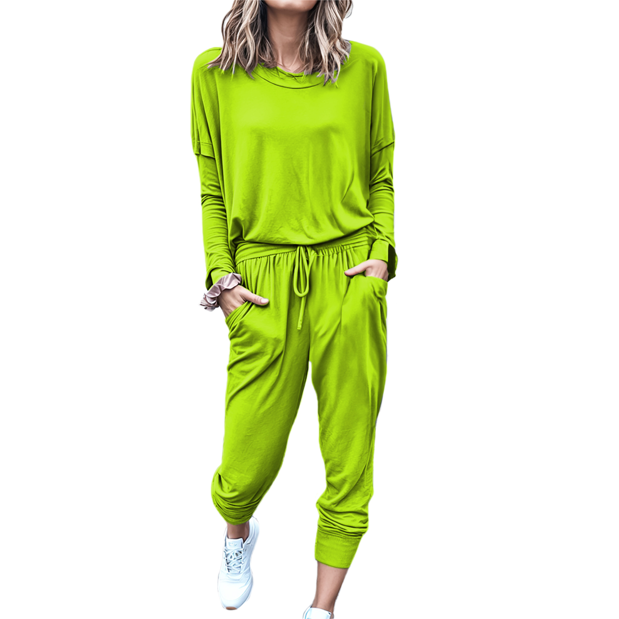 Conjunto de moda casual juvenil dama mujer xally 88 pants bolsas blusa amplia manga larga cuello redondo.