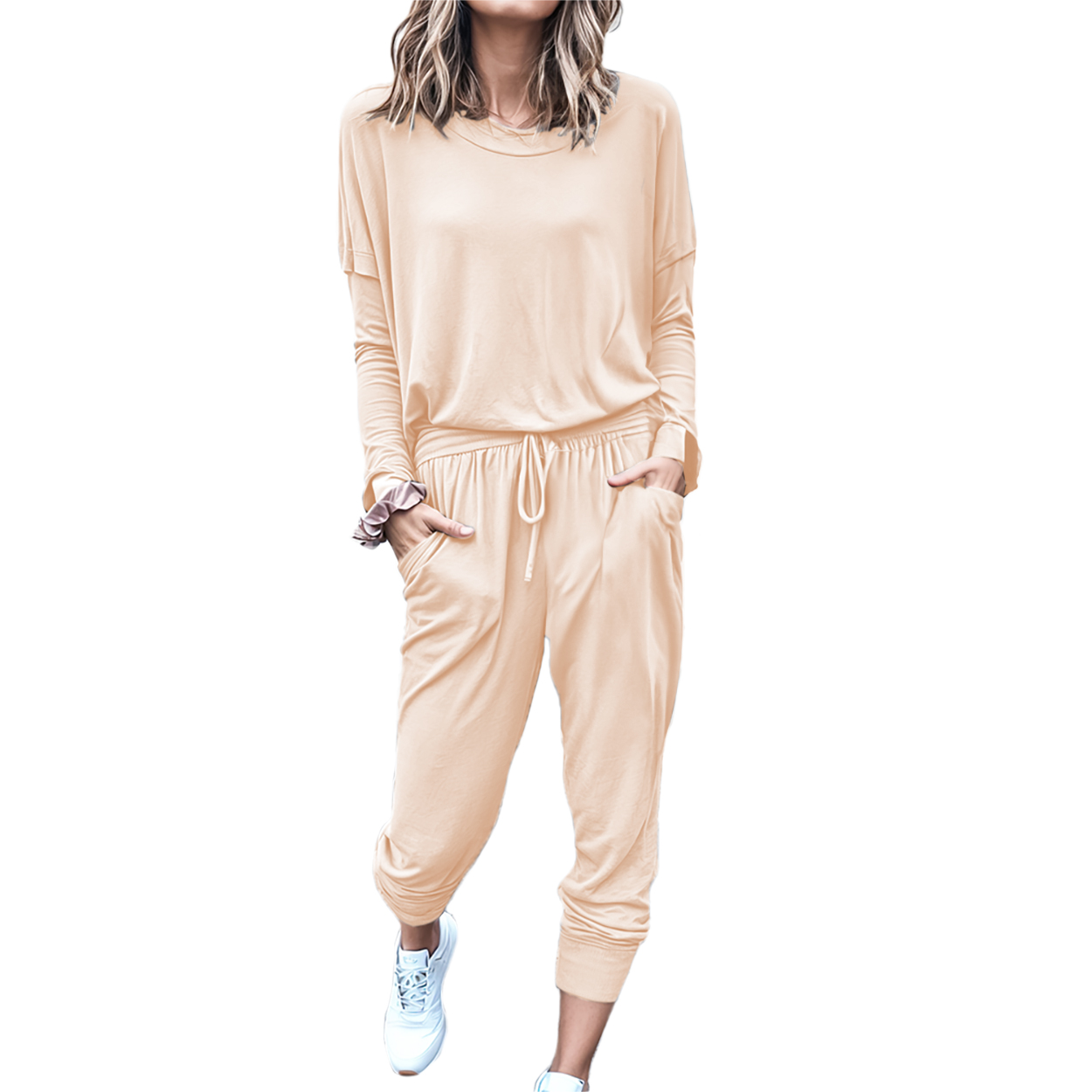 Conjunto de moda casual juvenil dama mujer xally 88 pants bolsas blusa amplia manga larga cuello redondo.