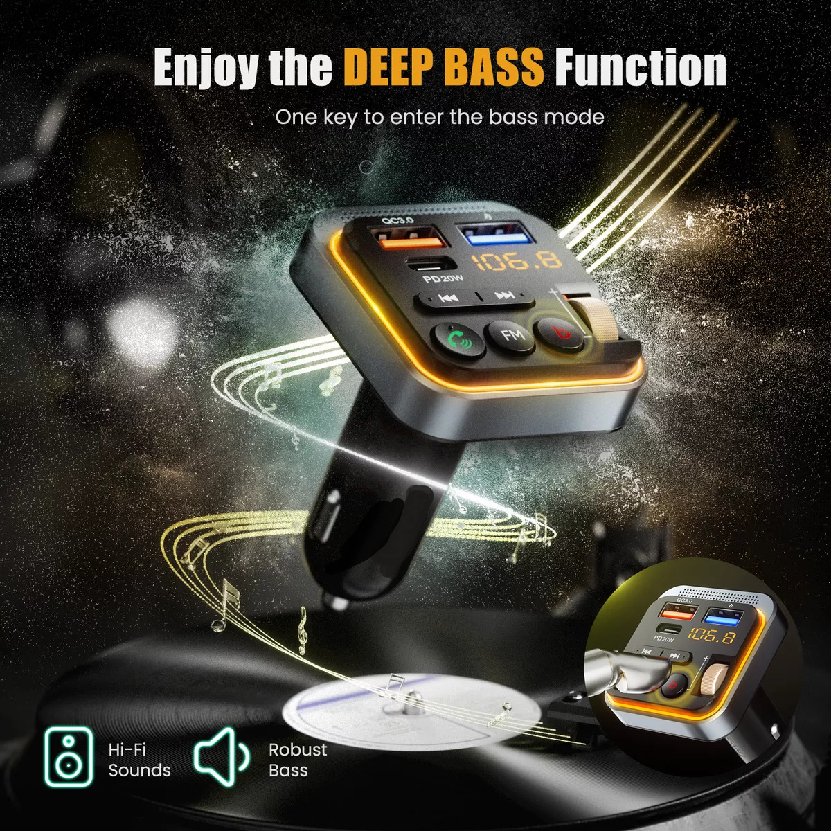 Transmisor Bluetooth Fm para Carro, Adaptador Bluetooth Auto con Cargador rápido USB y Manos Libres