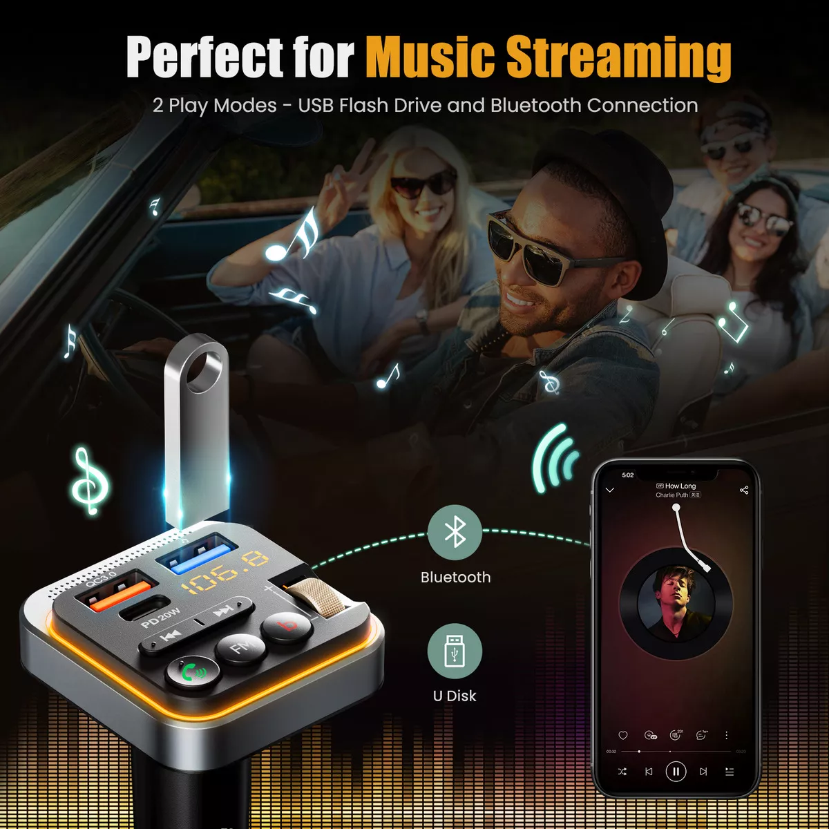 Transmisor Bluetooth Fm para Carro, Adaptador Bluetooth Auto con Cargador rápido USB y Manos Libres