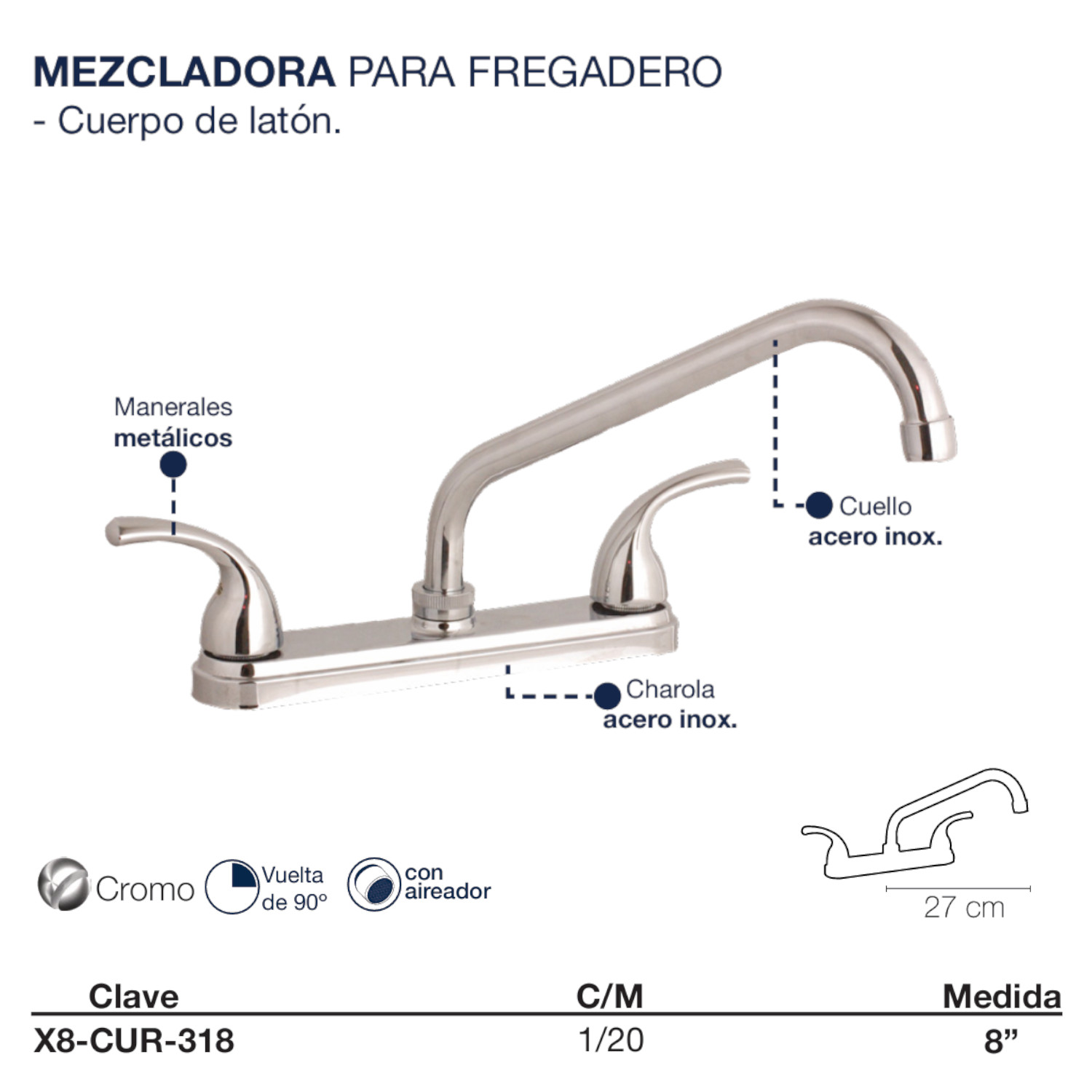 Llave Mezcladora Fregadero O Tarja Cocina Alfa Acero Inoxidable Cromada Manerales Garza.