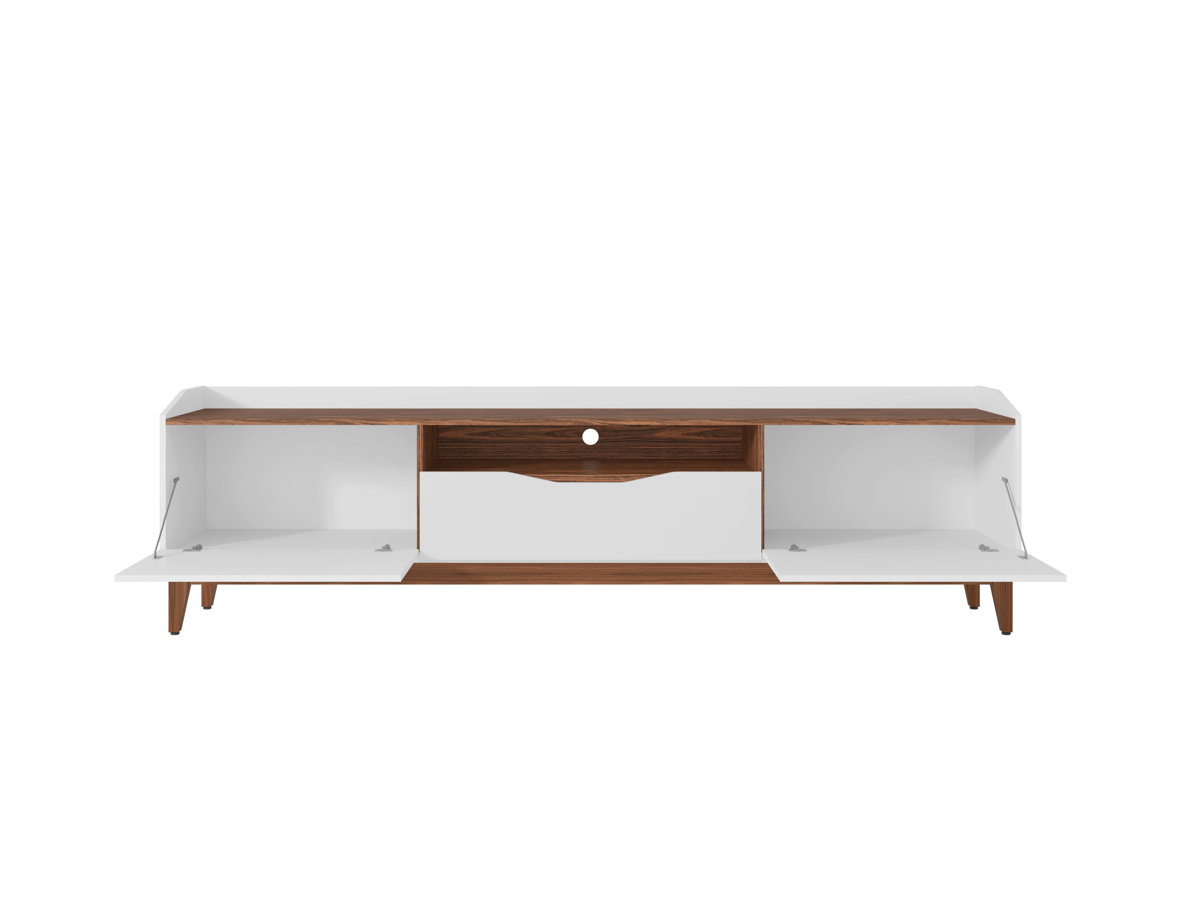 Mueble de TV Color Blanco y Nogal con 1 Cajón y 2 Puertas para Almacenamiento con Patas de Madera de Pino