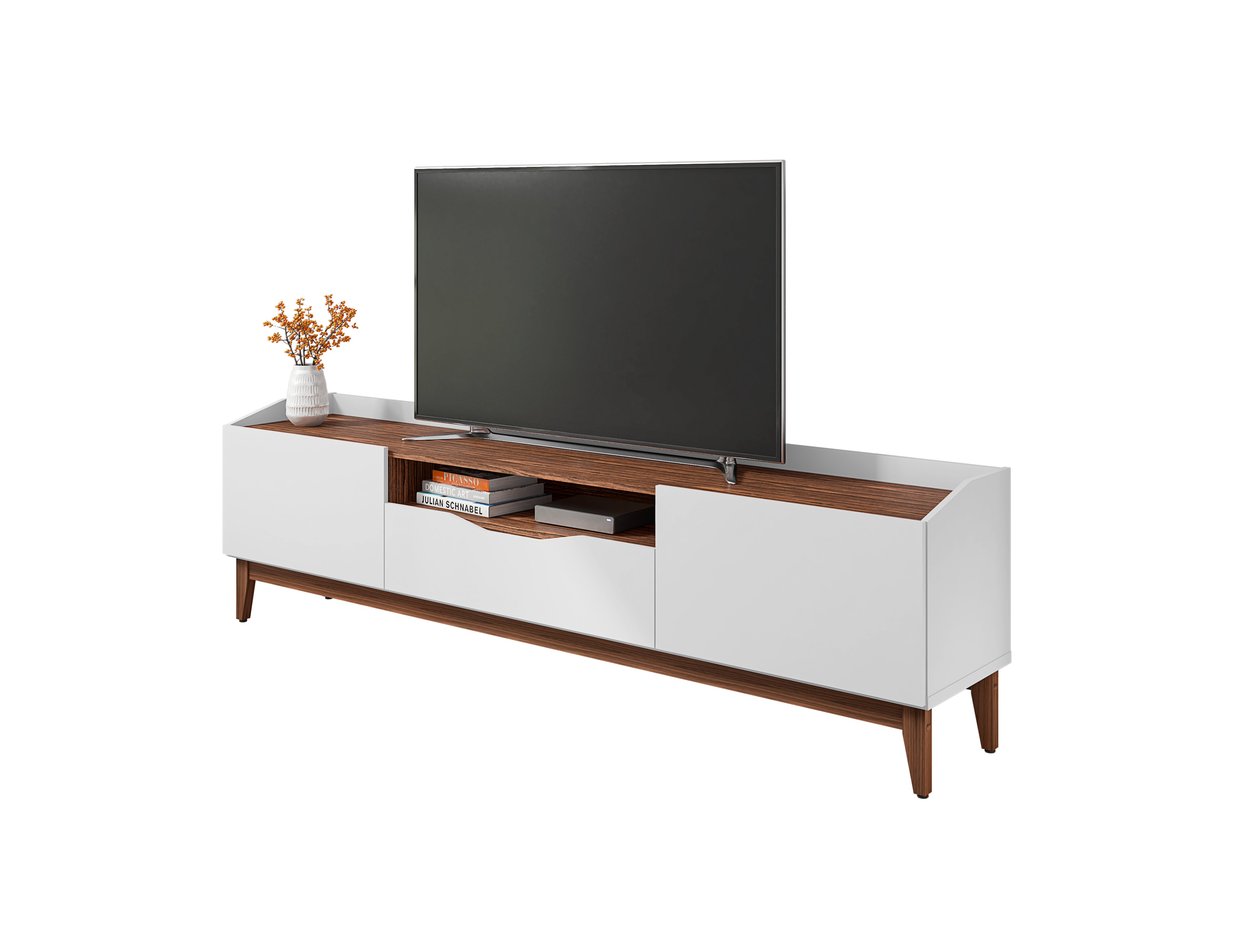 Mueble de TV Color Blanco y Nogal con 1 Cajón y 2 Puertas para Almacenamiento con Patas de Madera de Pino