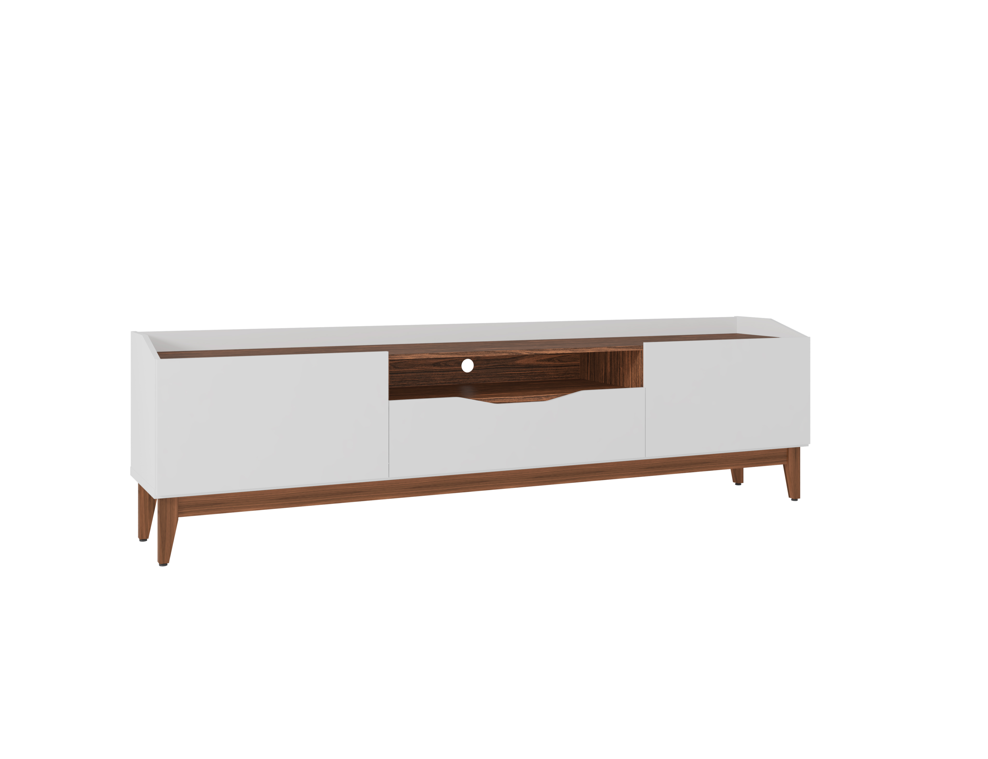 Mueble de TV Color Blanco y Nogal con 1 Cajón y 2 Puertas para Almacenamiento con Patas de Madera de Pino