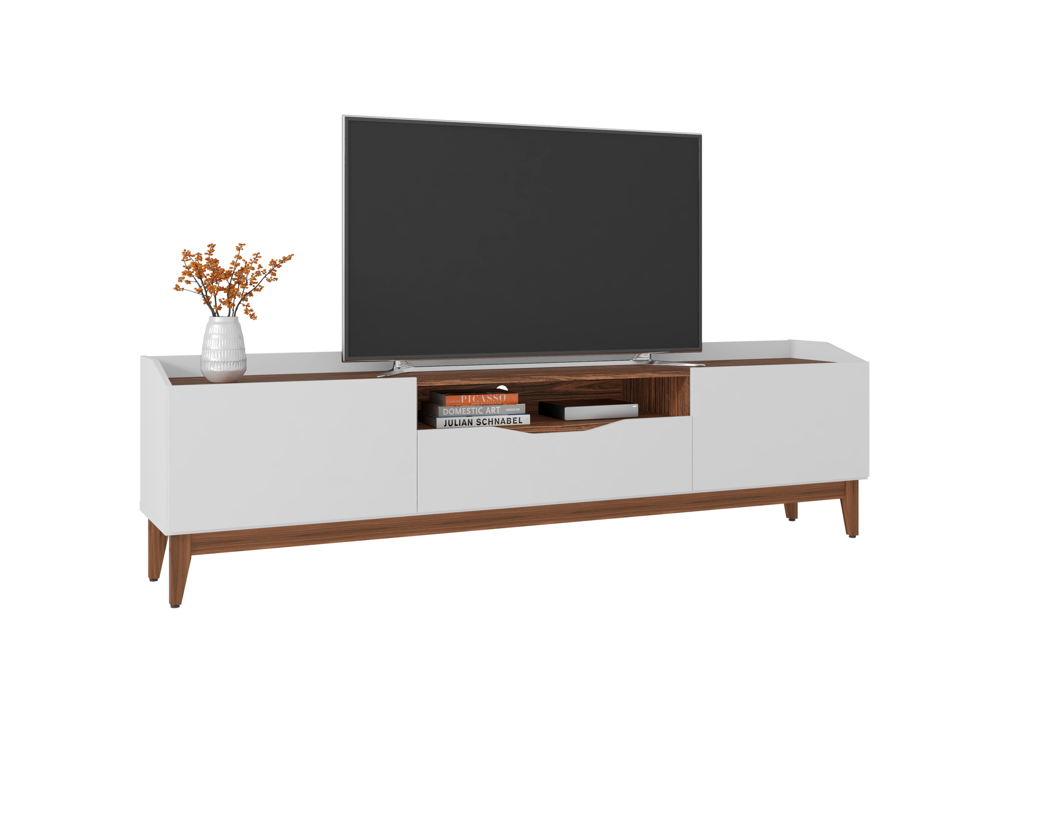 Mueble de TV Color Blanco y Nogal con 1 Cajón y 2 Puertas para Almacenamiento con Patas de Madera de Pino